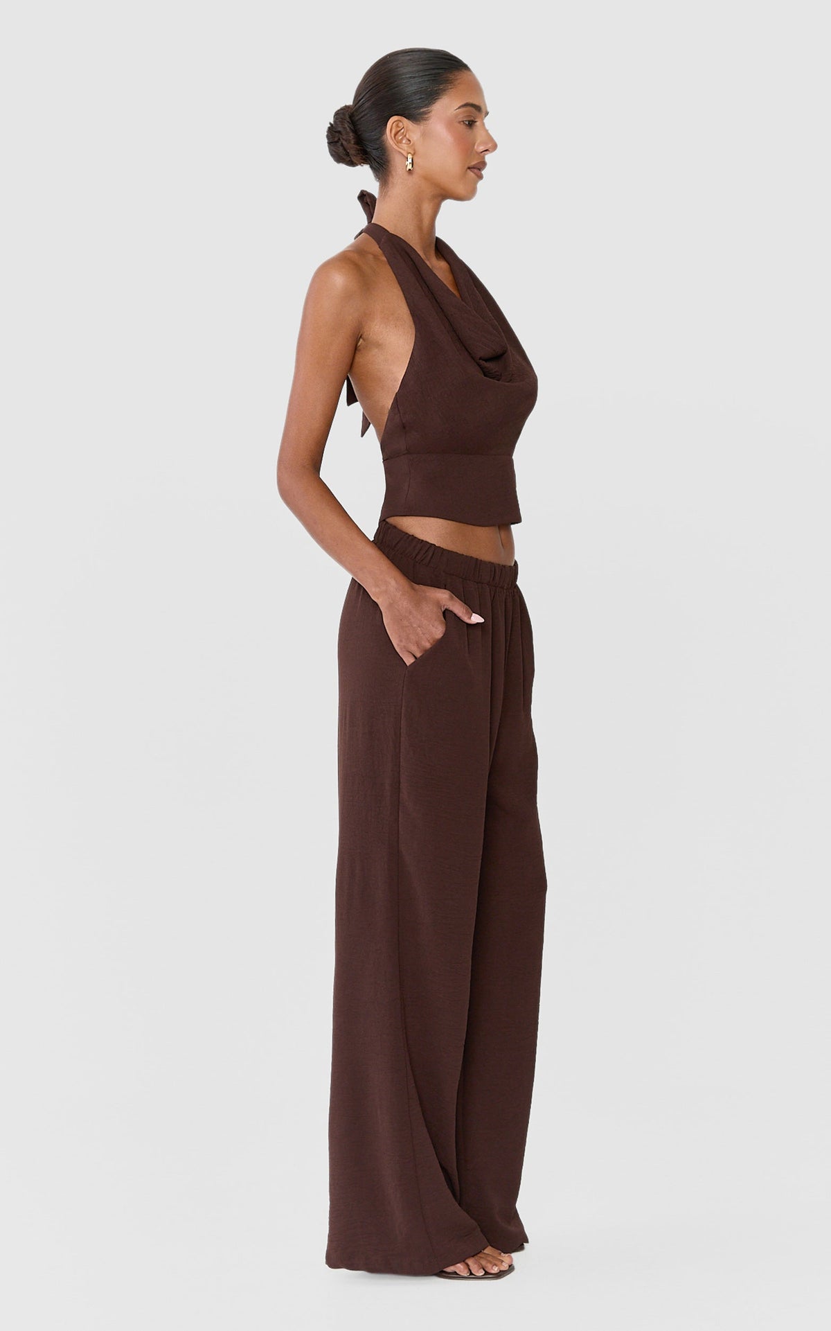 Nerissa Two Piece Set - High Cowl Halter Neck Top and Pant Set in Chocolate