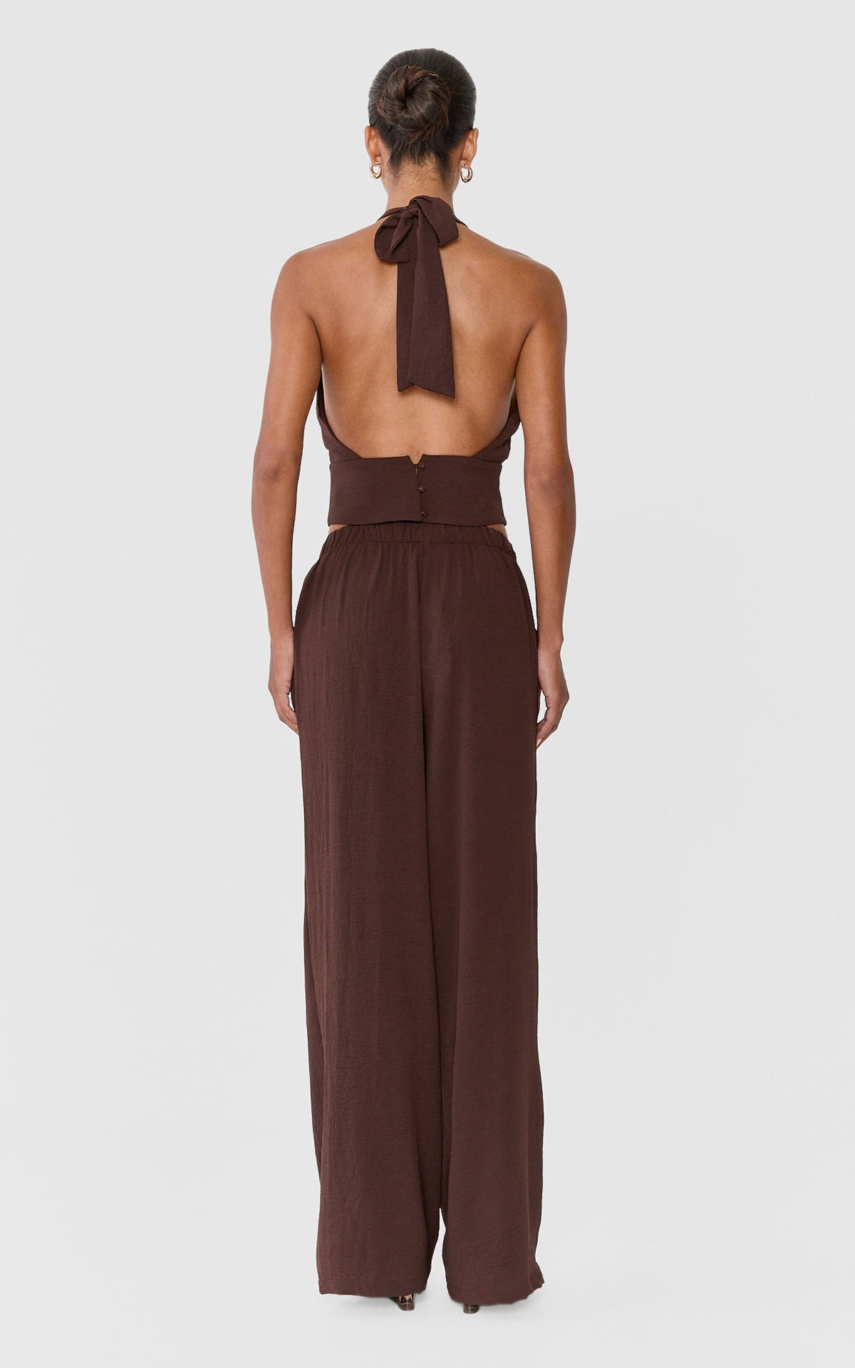 Nerissa Two Piece Set - High Cowl Halter Neck Top and Pant Set in Chocolate