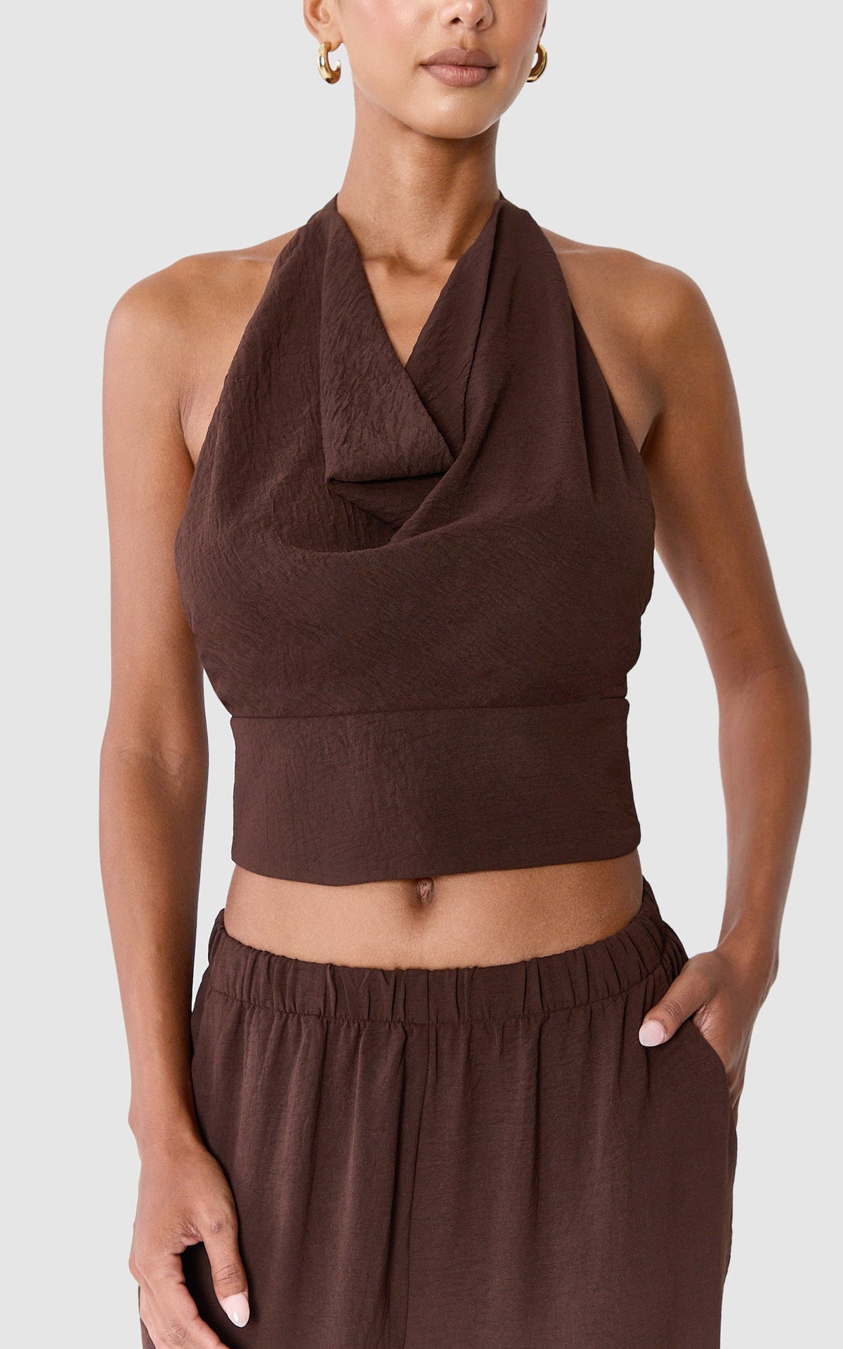 Nerissa Two Piece Set - High Cowl Halter Neck Top and Pant Set in Chocolate