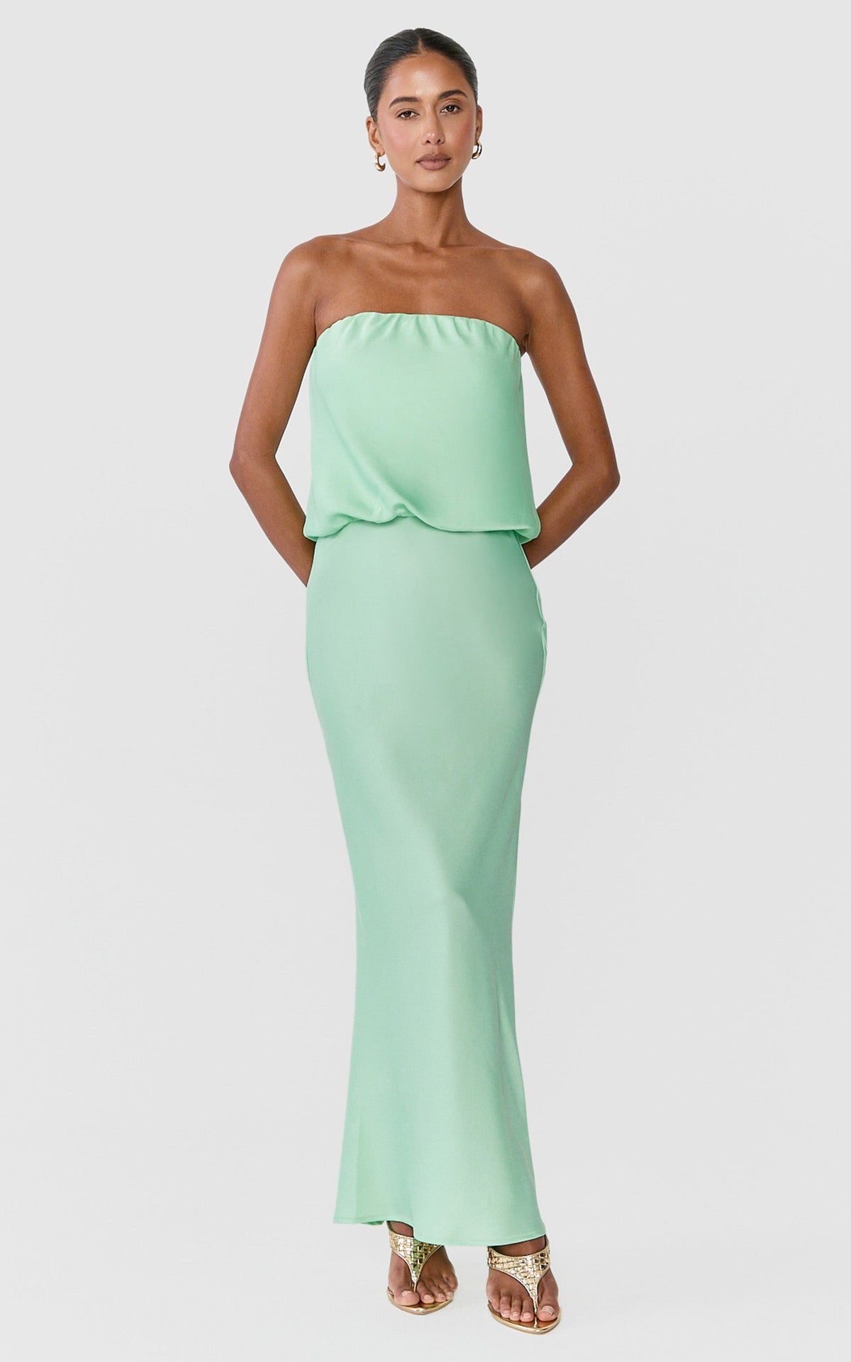Valencia Midi Dress - Strapless Blouson Top Dropped Waist Dress in Mint Green