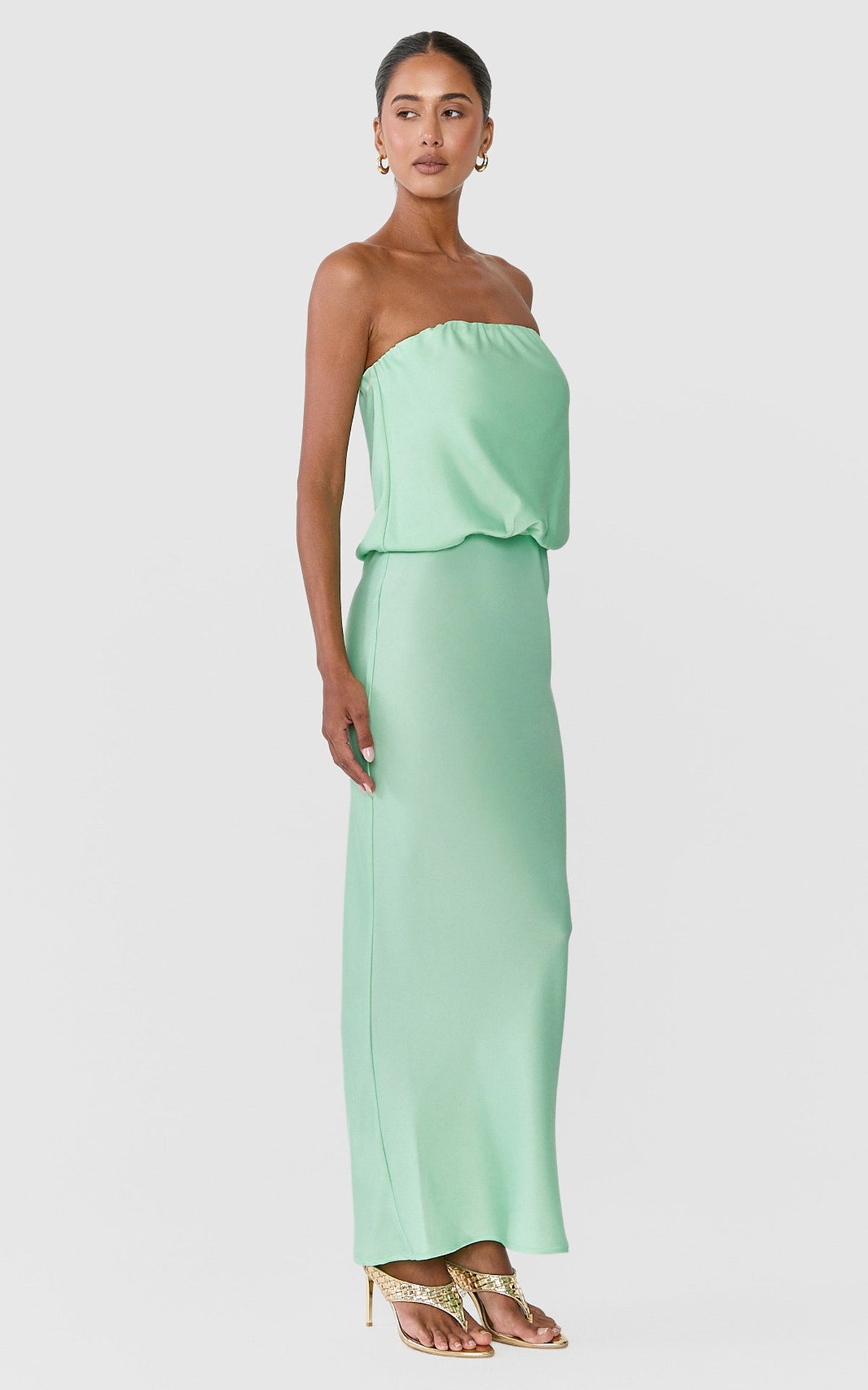 Valencia Midi Dress - Strapless Blouson Top Dropped Waist Dress in Mint Green