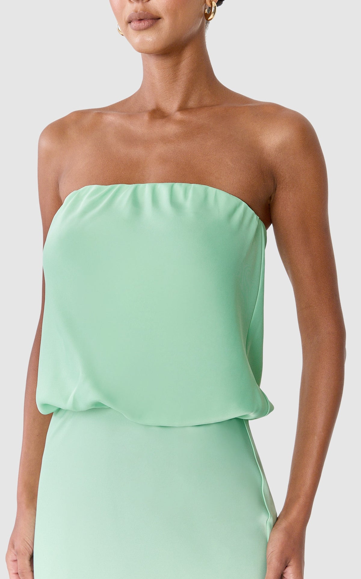 Valencia Midi Dress - Strapless Blouson Top Dropped Waist Dress in Mint Green