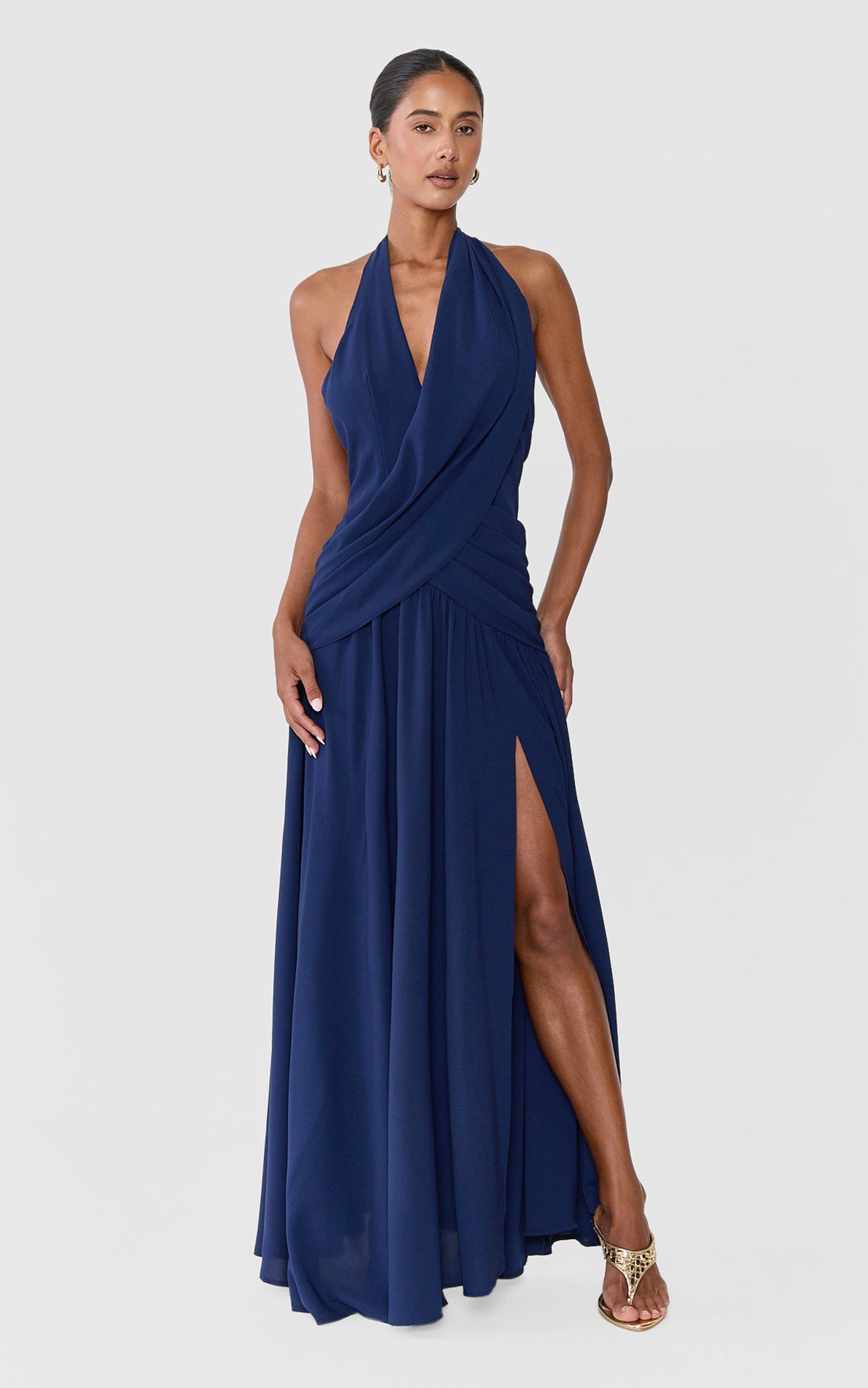 Yara Maxi Dress - Draped Halter Neck Backless Dress in Navy