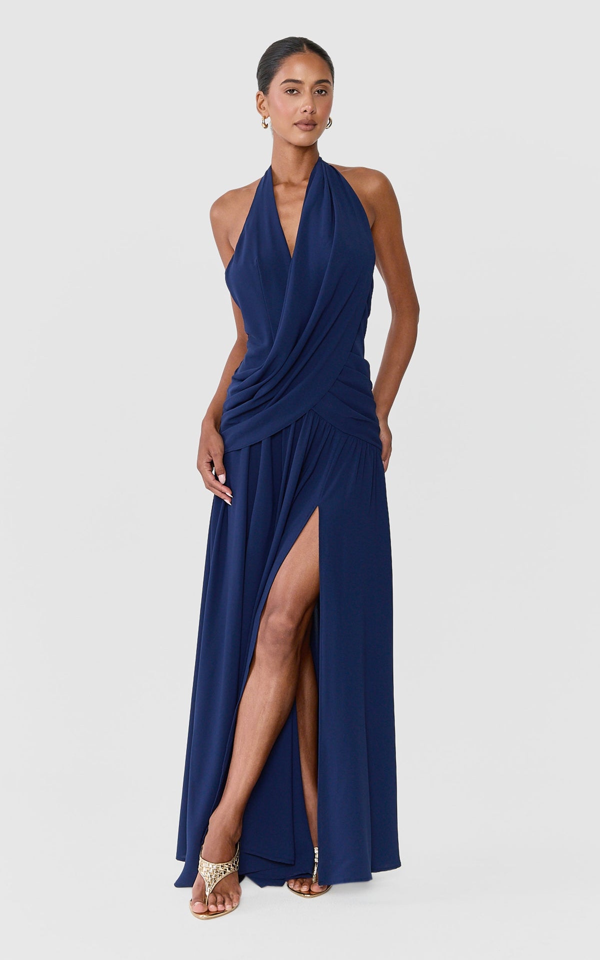 Yara Maxi Dress - Draped Halter Neck Backless Dress in Navy