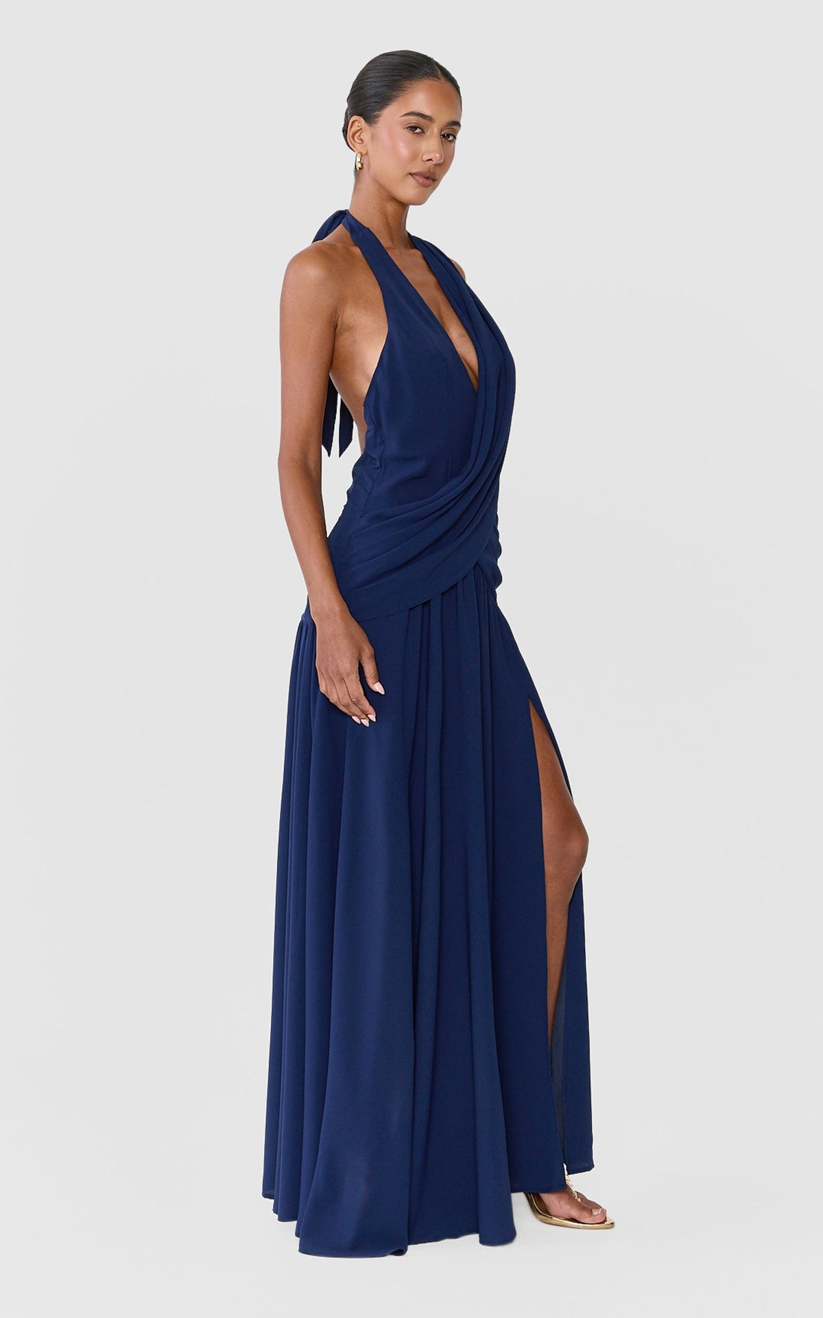 Yara Maxi Dress - Draped Halter Neck Backless Dress in Navy