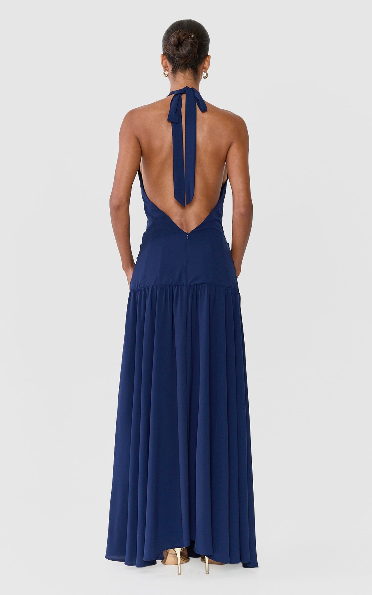 Yara Maxi Dress - Draped Halter Neck Backless Dress in Navy