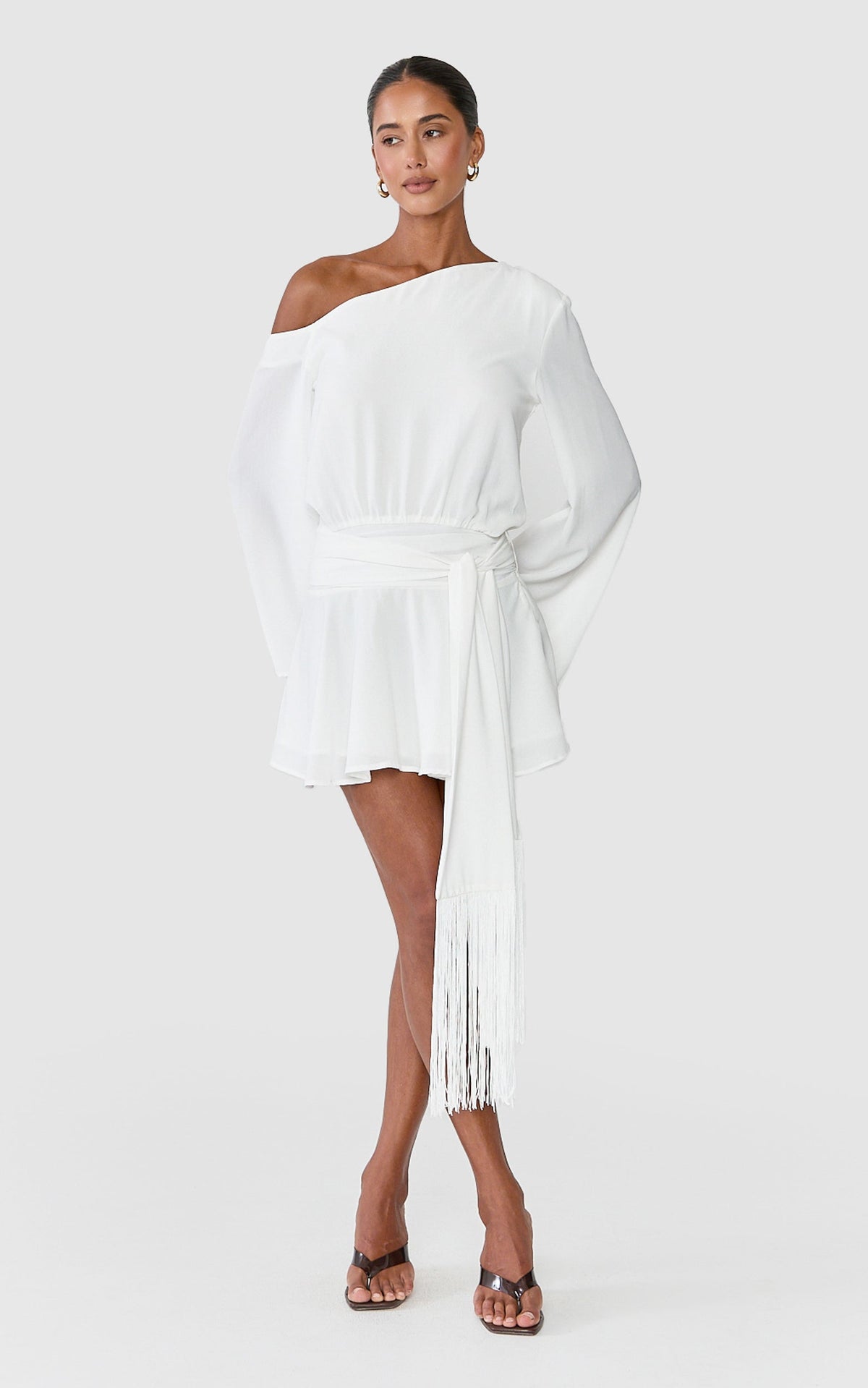 Yara Mini Dress - Off Shoulder Long Sleeve Dress With Fringe Trim Belt in Off White