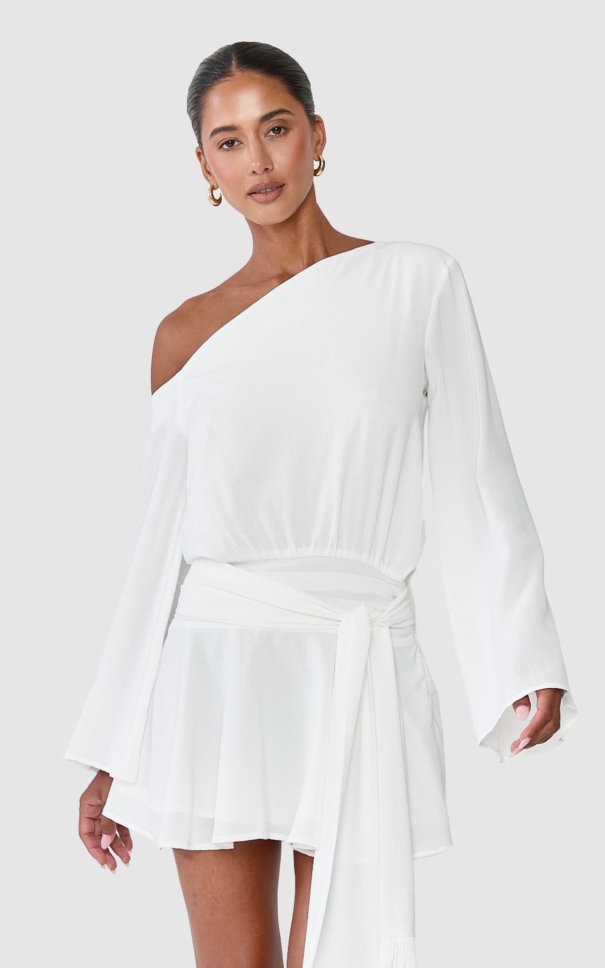 Yara Mini Dress - Off Shoulder Long Sleeve Dress With Fringe Trim Belt in Off White