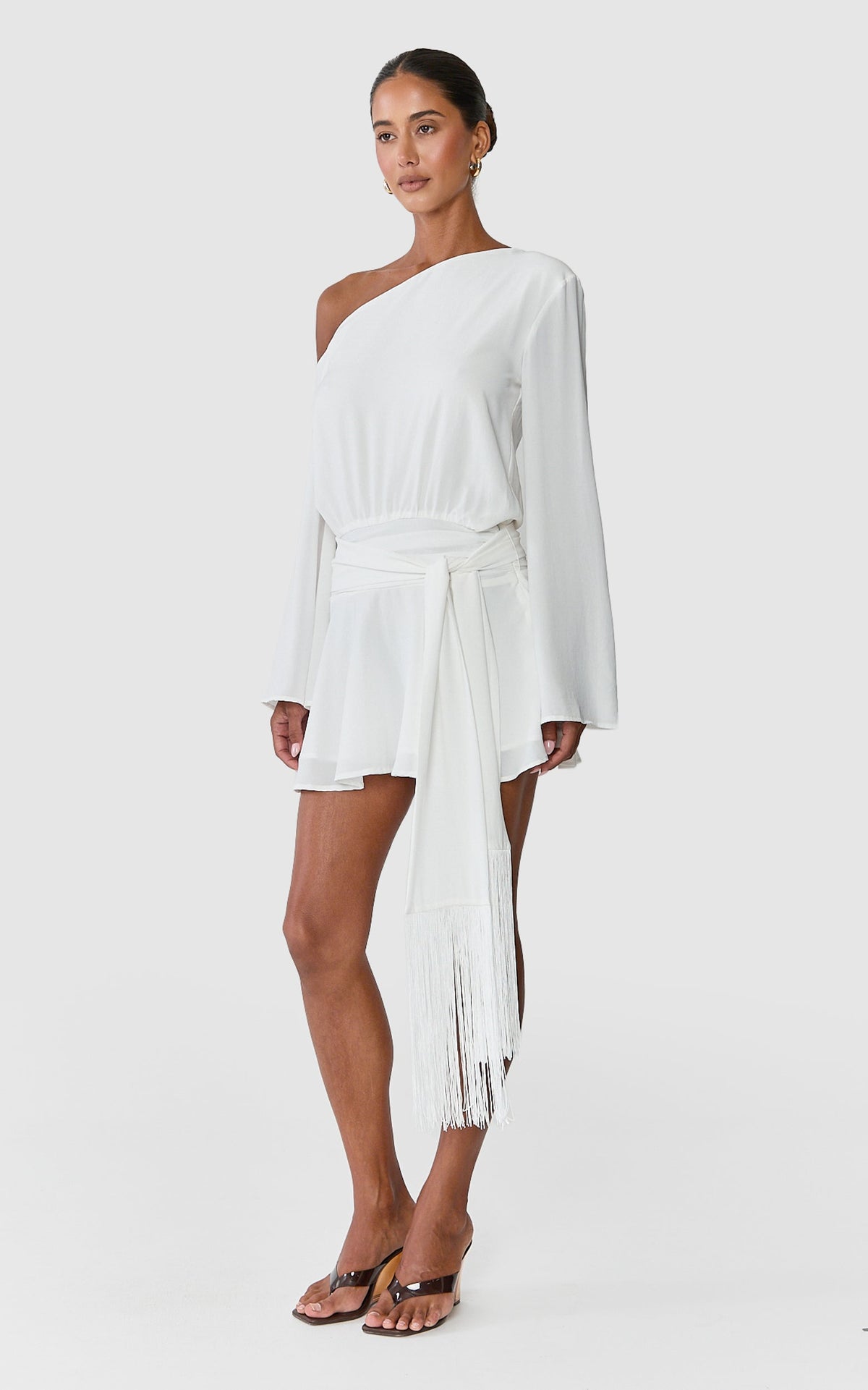 Yara Mini Dress - Off Shoulder Long Sleeve Dress With Fringe Trim Belt in Off White