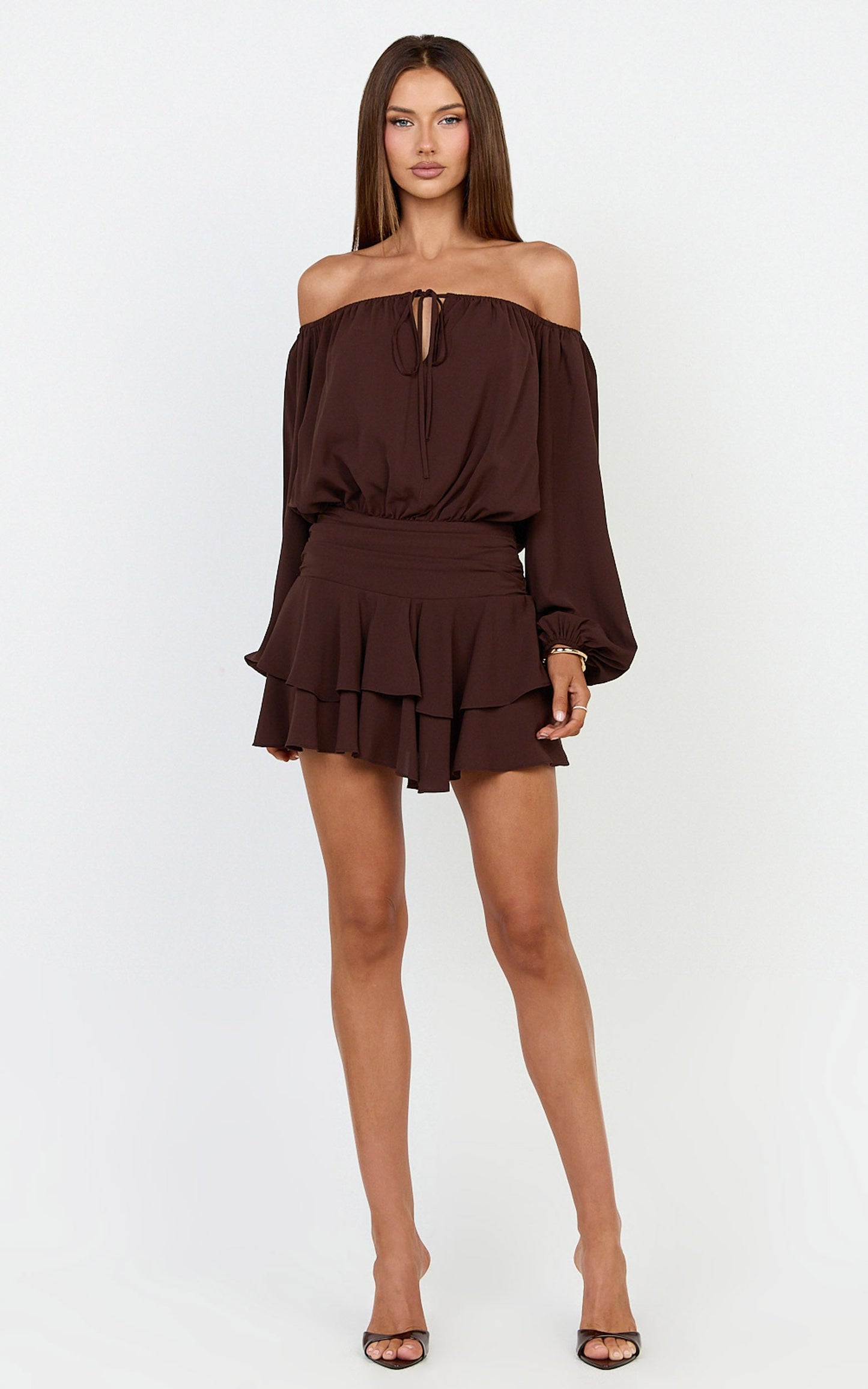 Sailor Mini Dress - Off Shoulder Ruffle Skirt Dress in Chocolate