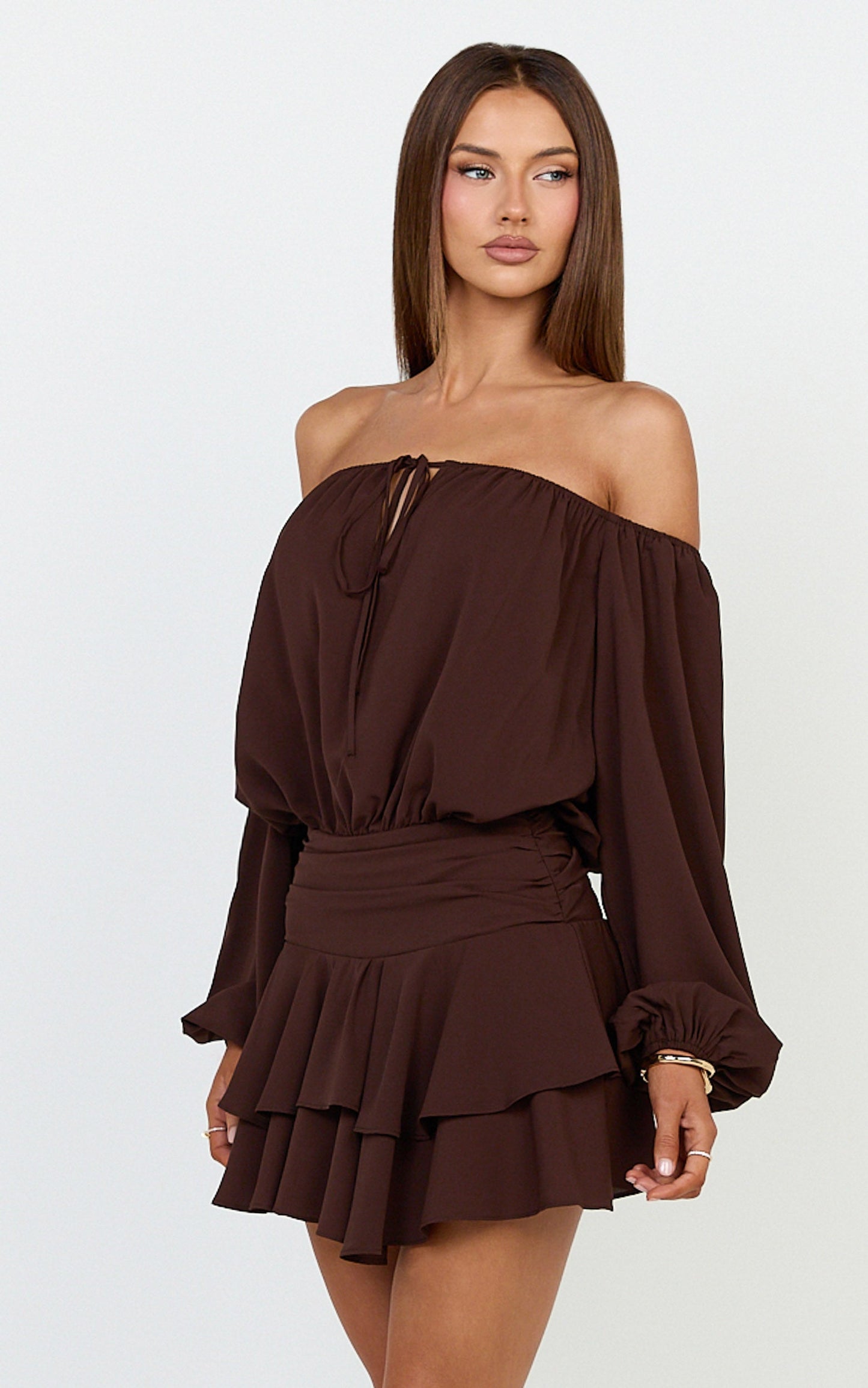 Sailor Mini Dress - Off Shoulder Ruffle Skirt Dress in Chocolate