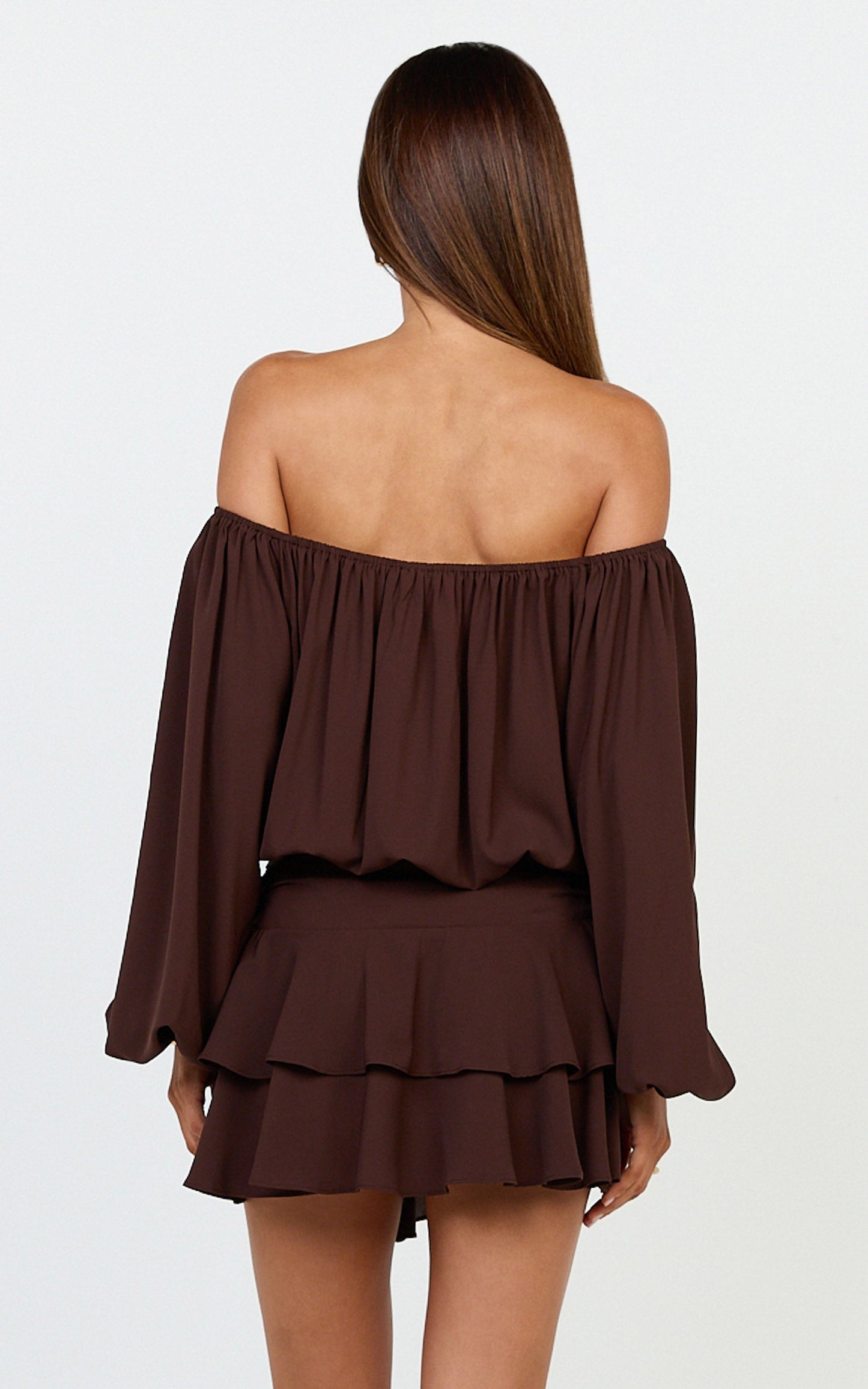 Sailor Mini Dress - Off Shoulder Ruffle Skirt Dress in Chocolate