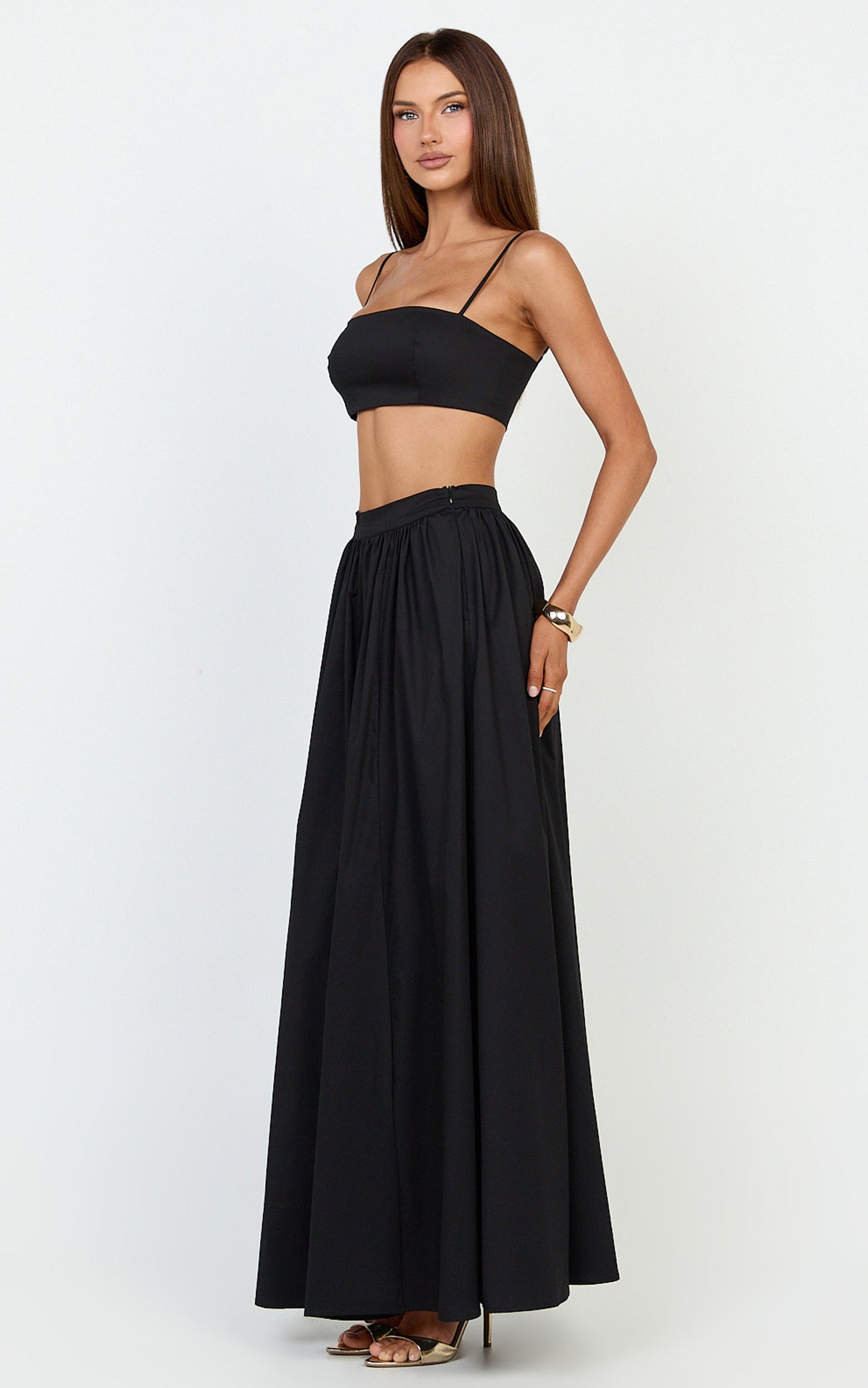 Tegan Two Piece Set - Straight Neck Micro Crop Top and A Line Maxi Skirt Set in Black