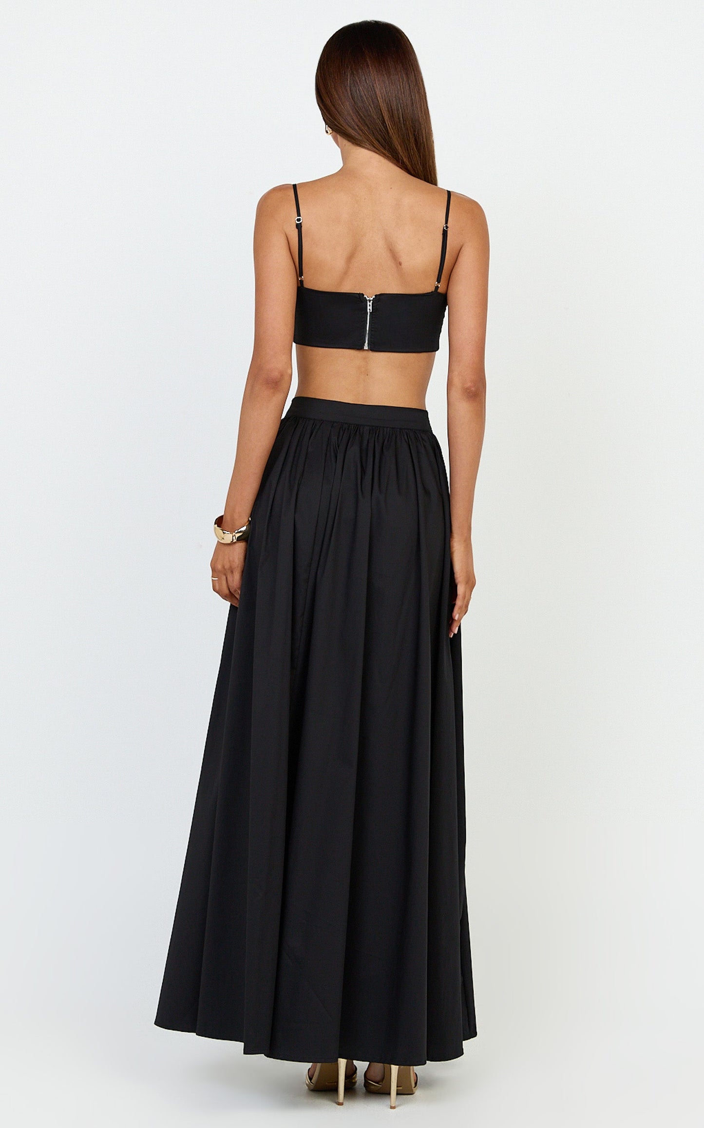 Tegan Two Piece Set - Straight Neck Micro Crop Top and A Line Maxi Skirt Set in Black