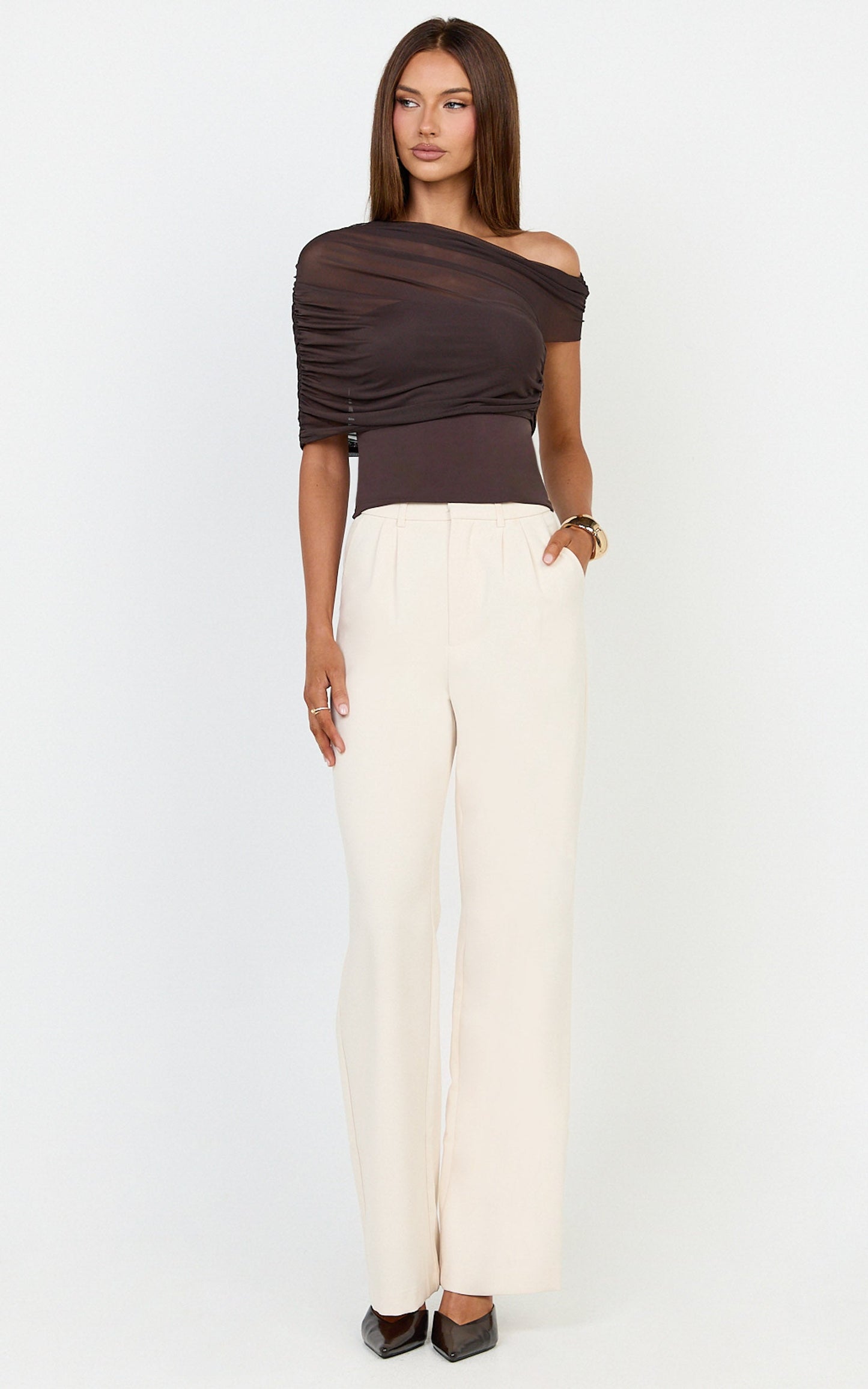 Sophia Top - Draped One Shoulder Mesh Overlay Top in Chocolate