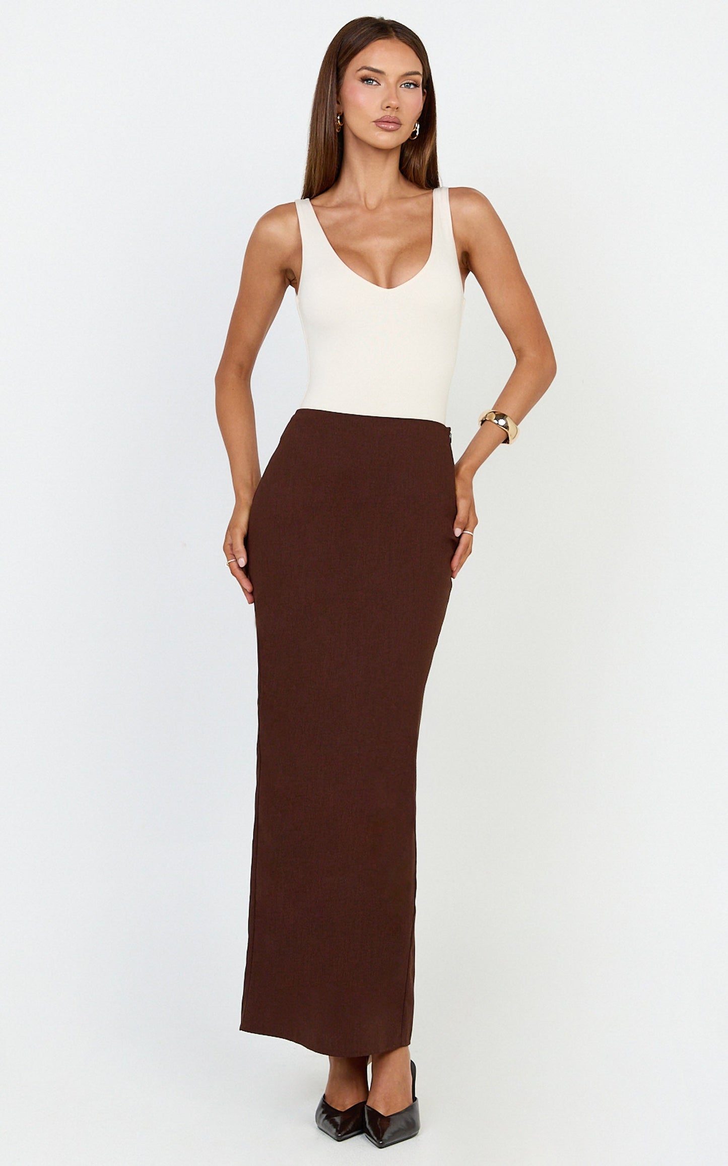Vance Maxi Skirt - Linen Back Split Skirt in Chocolate