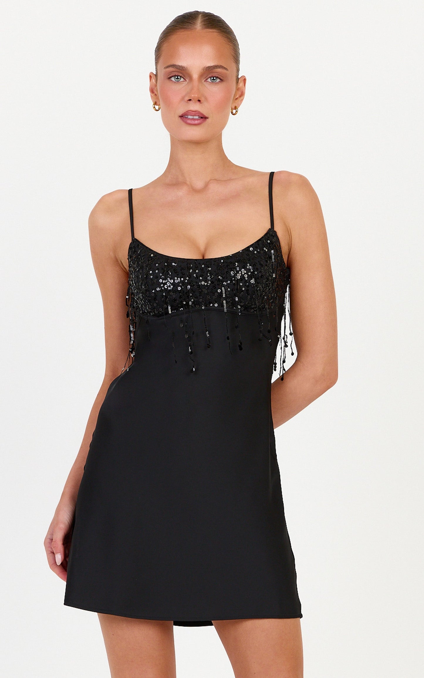 Vina Mini Dress - Sequin Bust Cut Out Back Slip Dress in Black