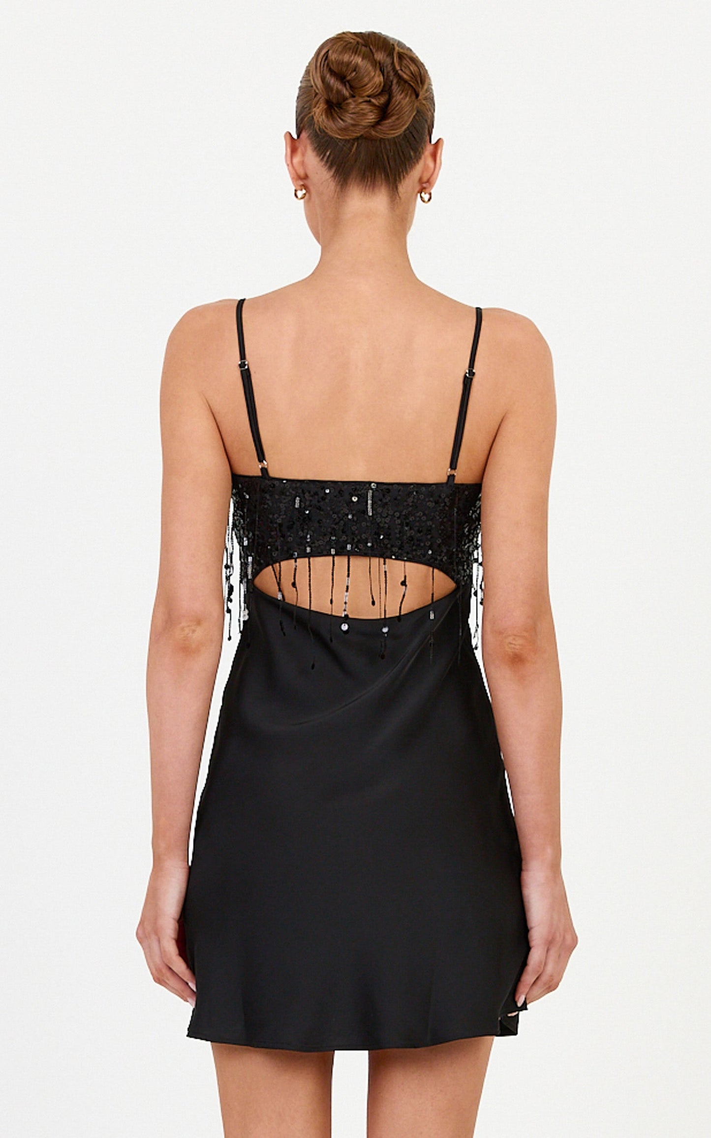 Vina Mini Dress - Sequin Bust Cut Out Back Slip Dress in Black