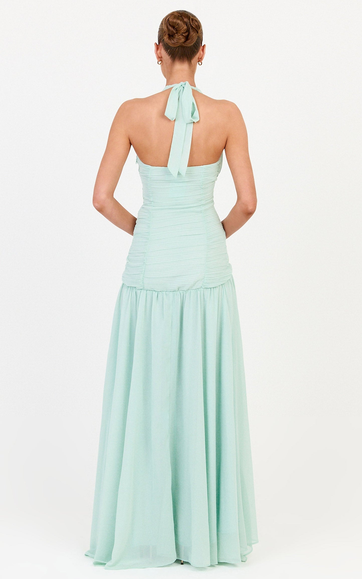 Zadie Maxi Dress - Plunge Halter Neck Dropped Cross Waist Dress in Mint