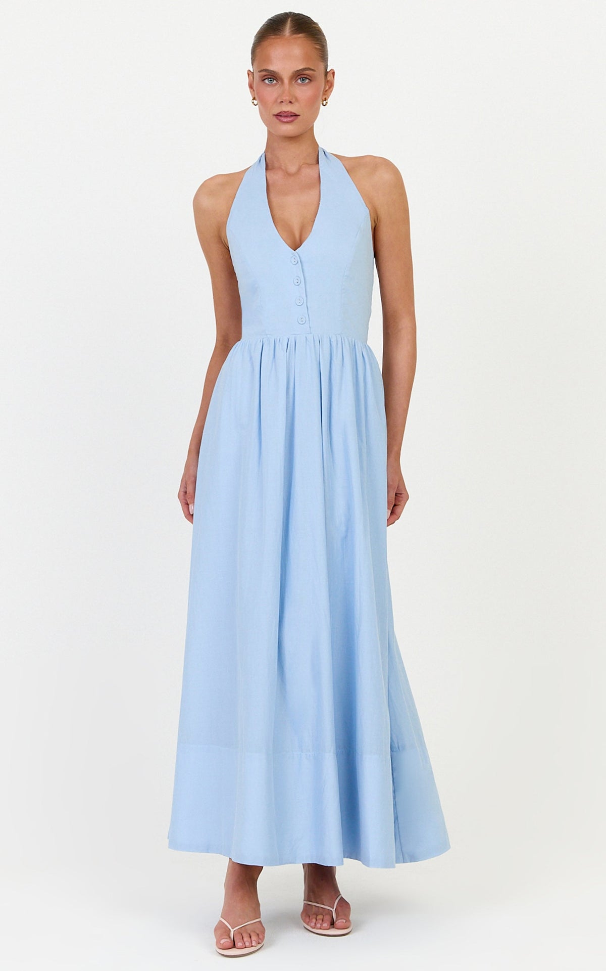 Everly Midi Dress - Tie Halter Neck Button Down Bodice Fit And Flare Dress in Cornflower Blue