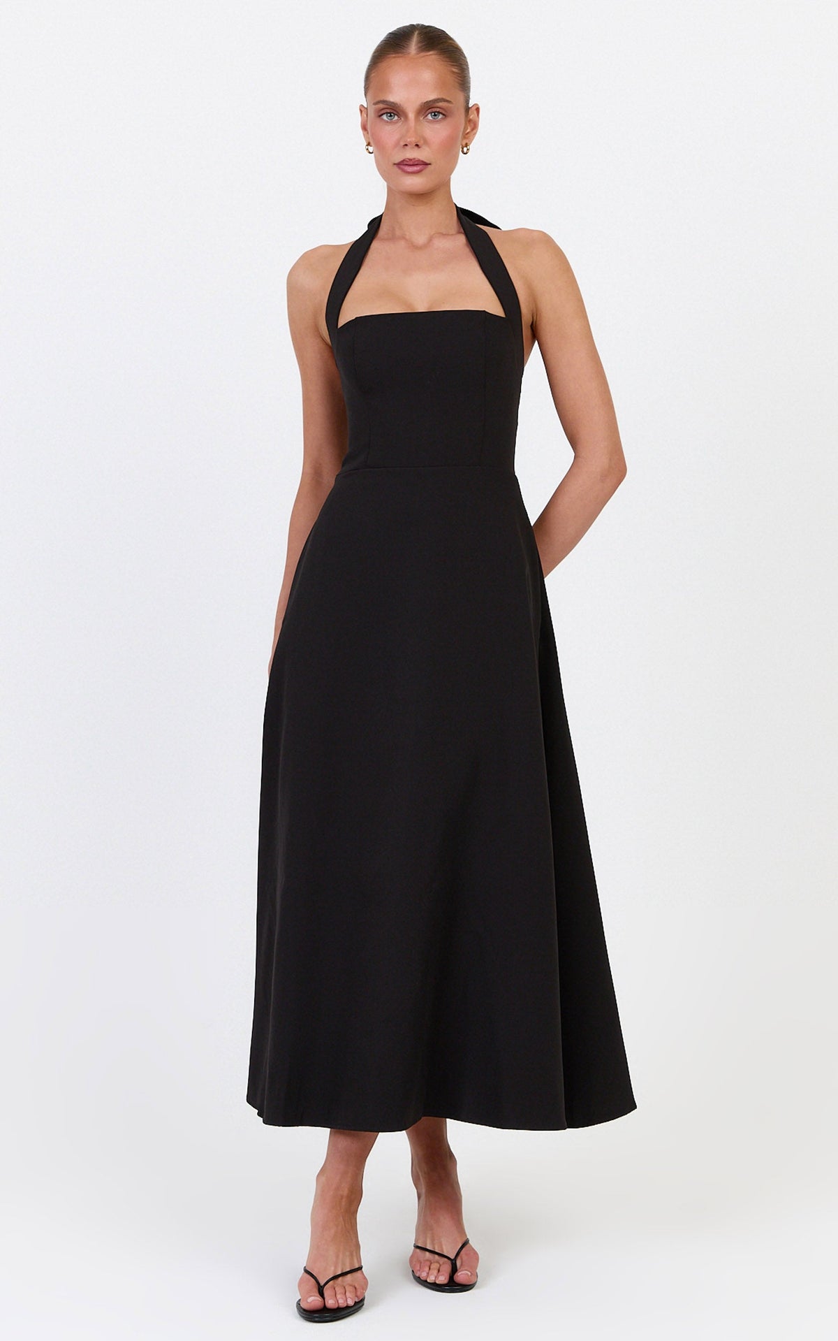Karissa Midi Dress - Halter Neck Fitted Bodice Midi Soft A Line Skirt Dress in Black