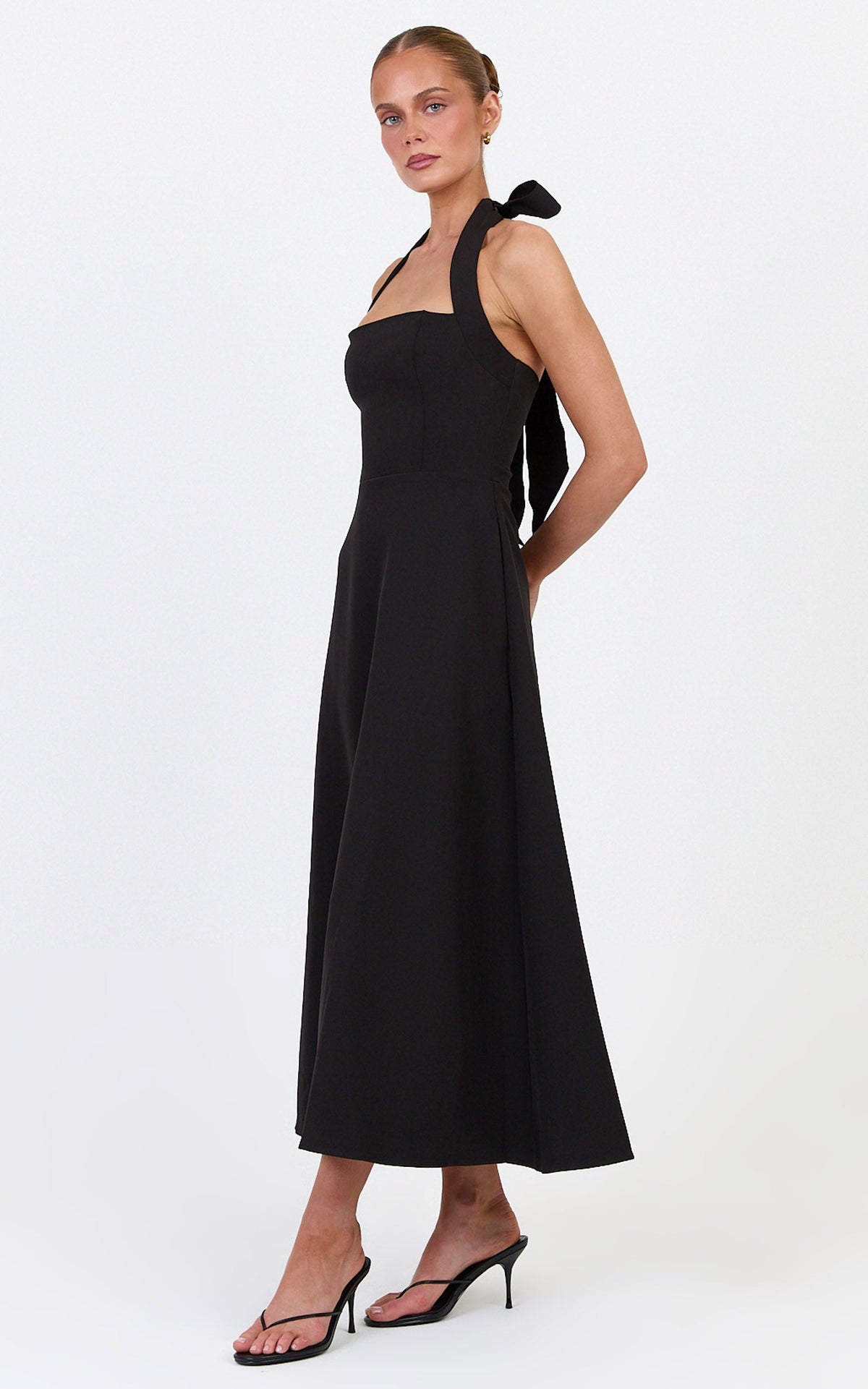 Karissa Midi Dress - Halter Neck Fitted Bodice Midi Soft A Line Skirt Dress in Black