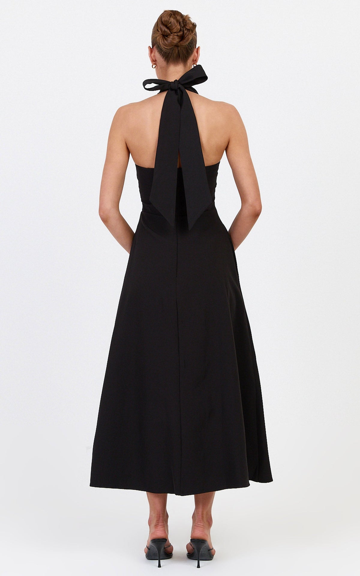 Karissa Midi Dress - Halter Neck Fitted Bodice Midi Soft A Line Skirt Dress in Black