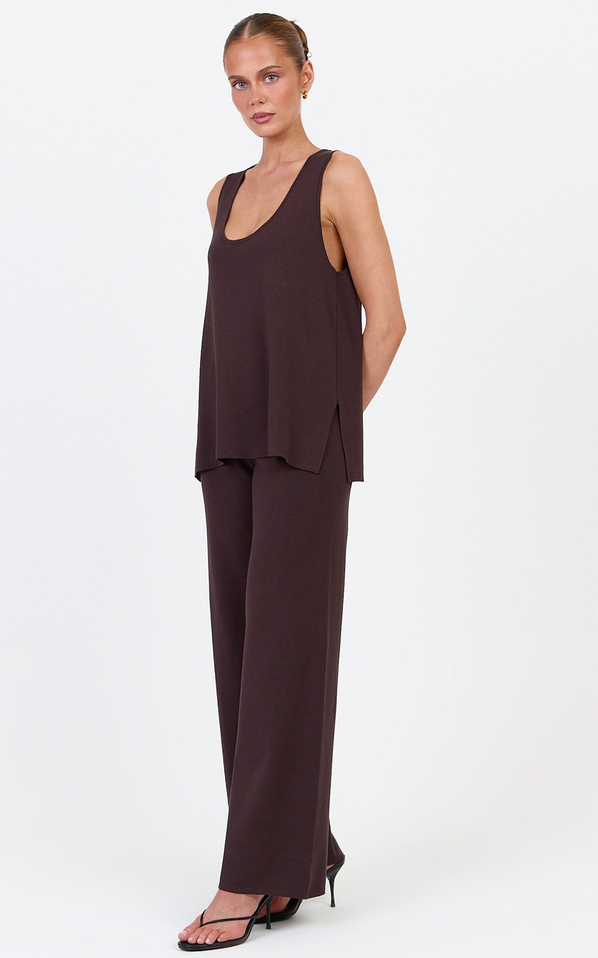 Leonie Two Piece Set - Knit Shell Top and Pant Set in Chocolate