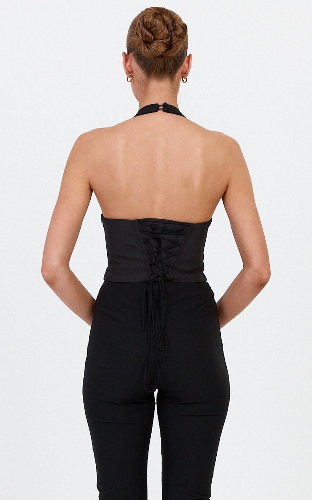 Simone Top – Kontrastierendes Korsett-Neckholder-Oberteil in Schwarz