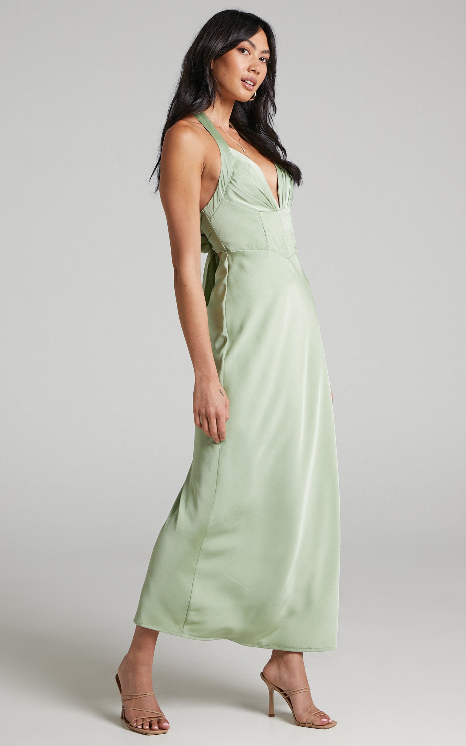 Agnus Halter Neck Tie Up Back Maxi Dress in Sage Satin