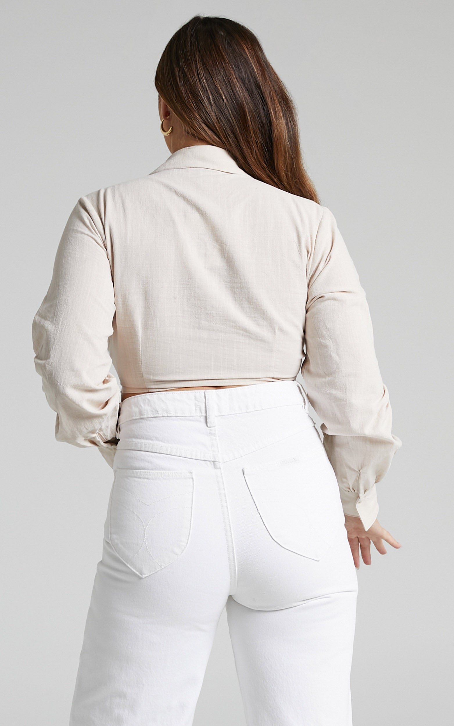 Airen Blouse - Knot Front Cropped Long Sleeve Blouse in Beige