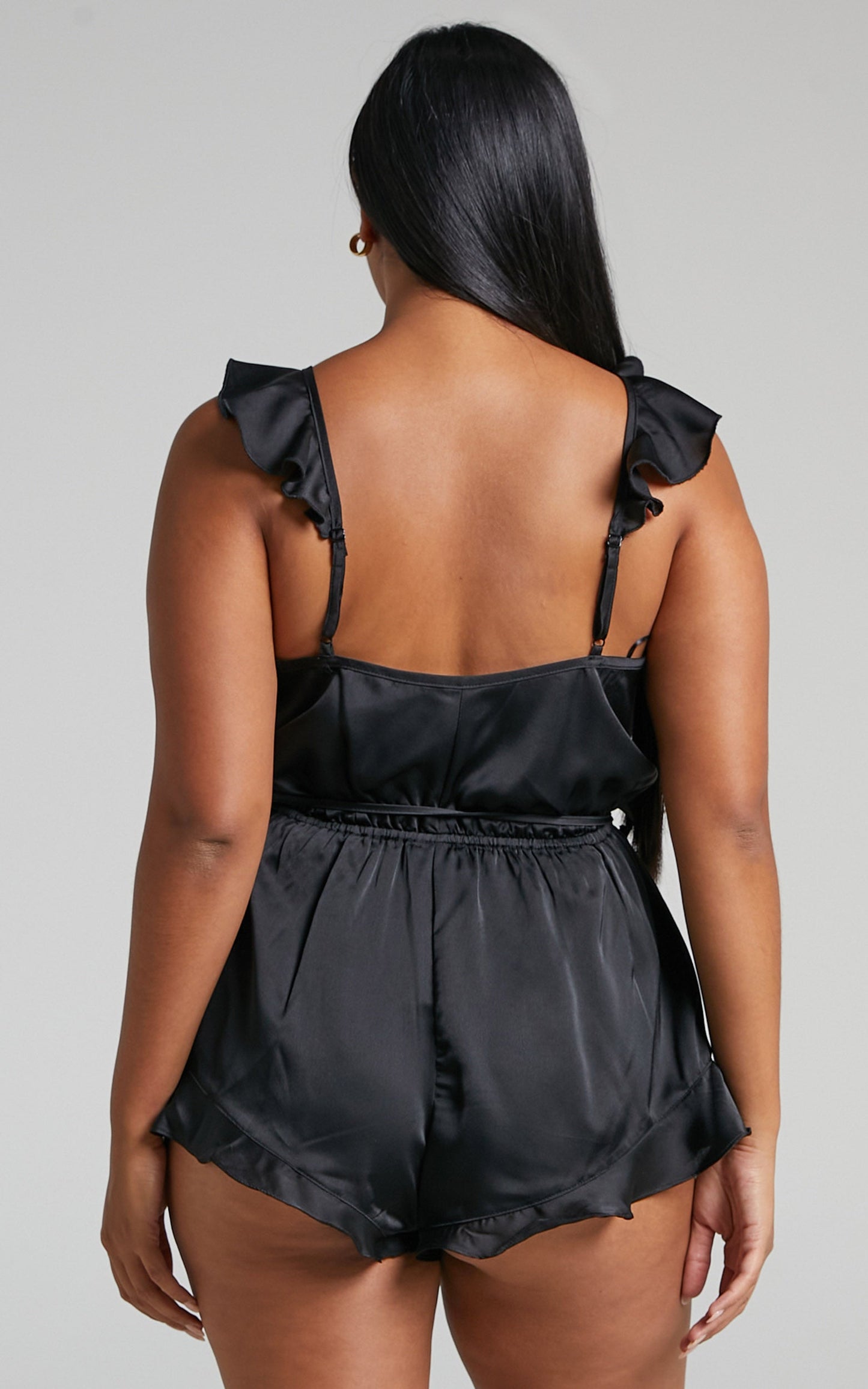 Alohra Romper - Frill Satin Sleep Romper in Black