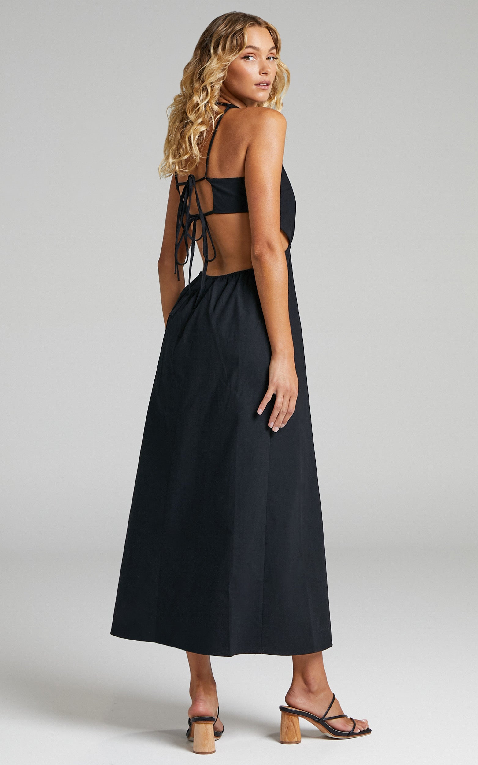 Amalie The Label - Ivy Linen Blend Cotton Cut Out Waist Tie Back Side Split Midi Dress in Black