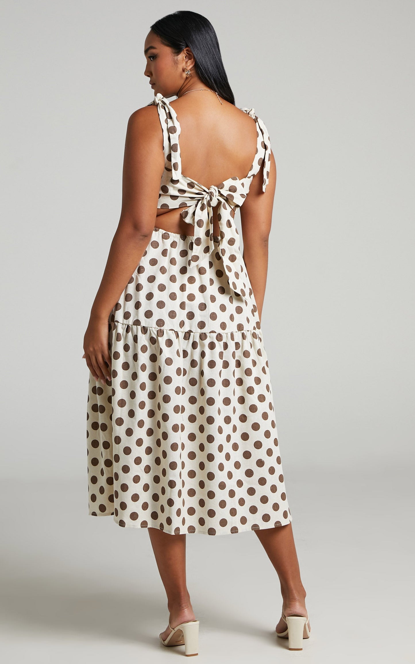 Charine Midi Dress - Linen Shirred Bodice Tiered Dress in Mocha Spot