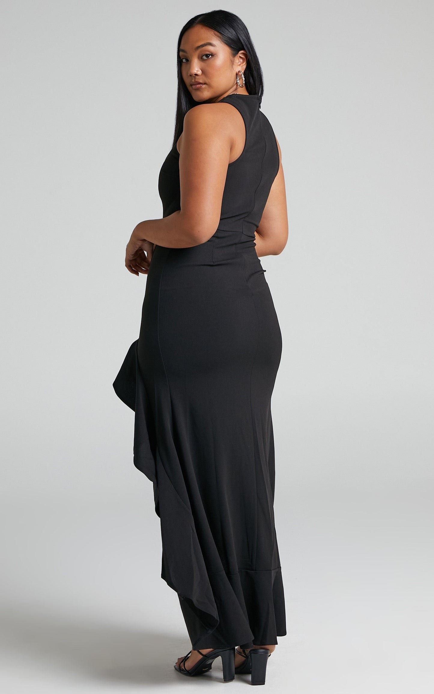 Erytheia Asymmetrical Ruffle Hem Maxi Dress in Black