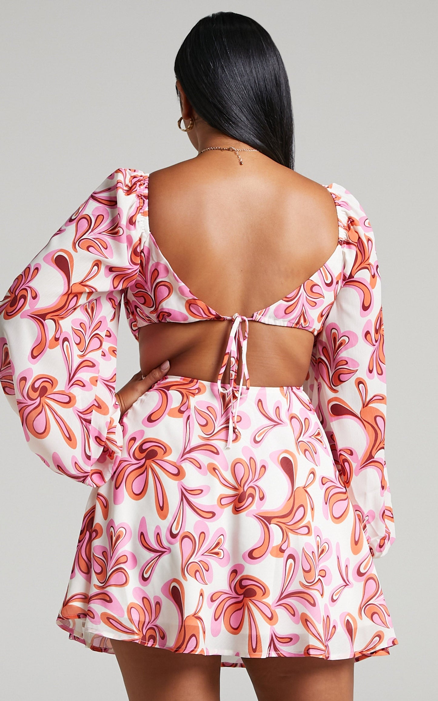 Frederica Tie Back Long Sleeve Mini Dress in Pink Swirl
