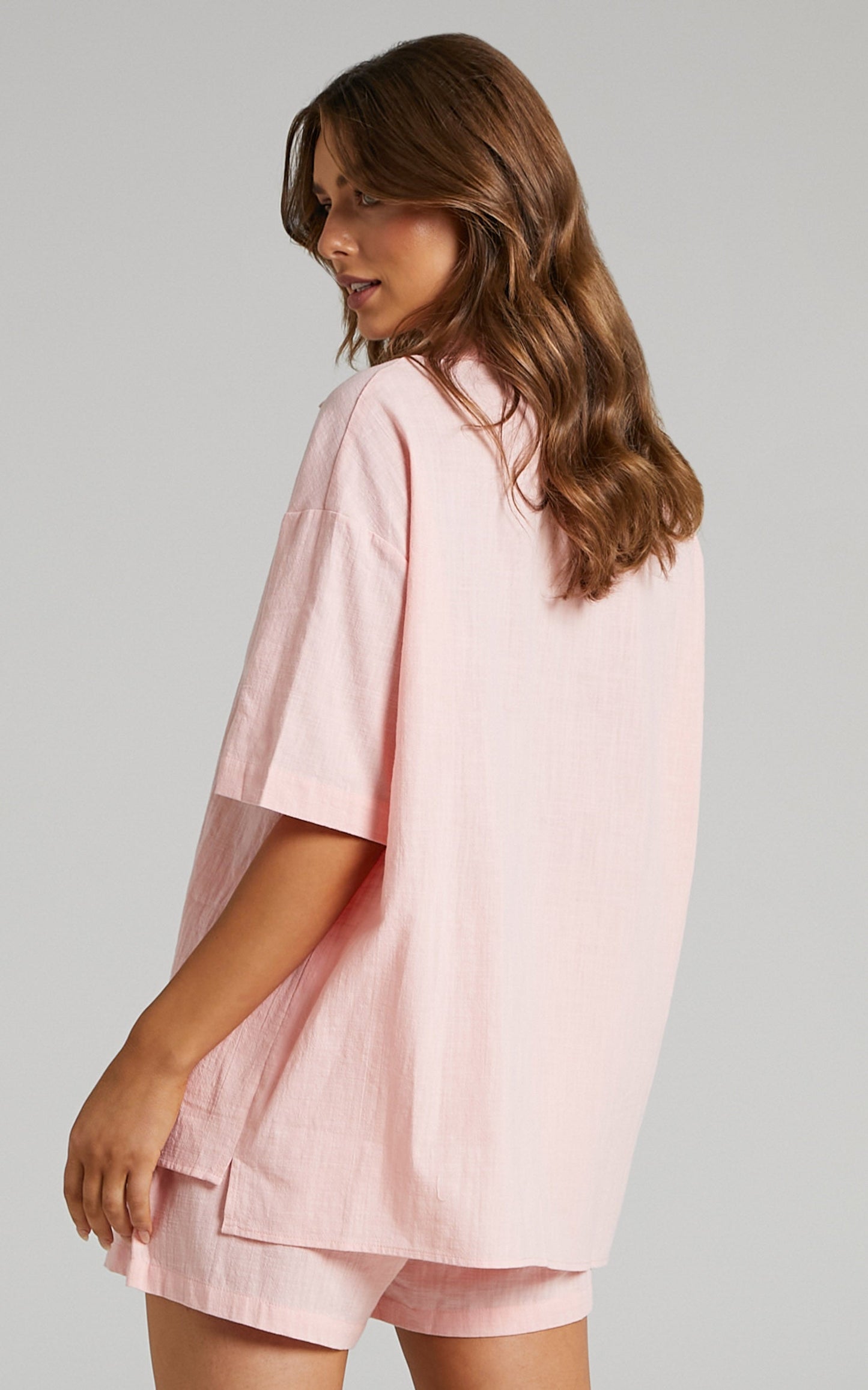 Gabby Button Up Shirt Two Piece Set in Light Pink