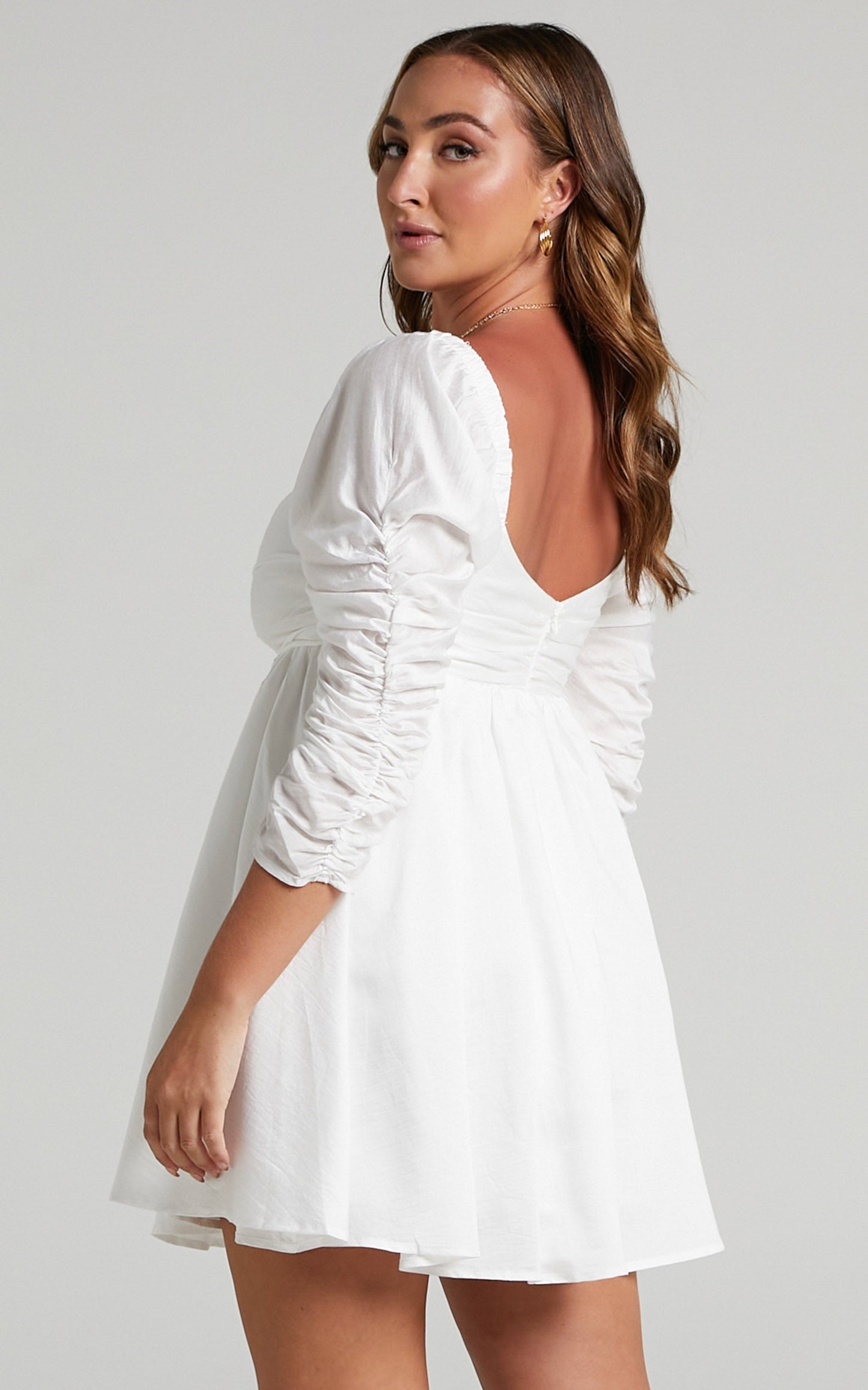 Gina Gathered Bodice Long Sleeves Mini Dress in White