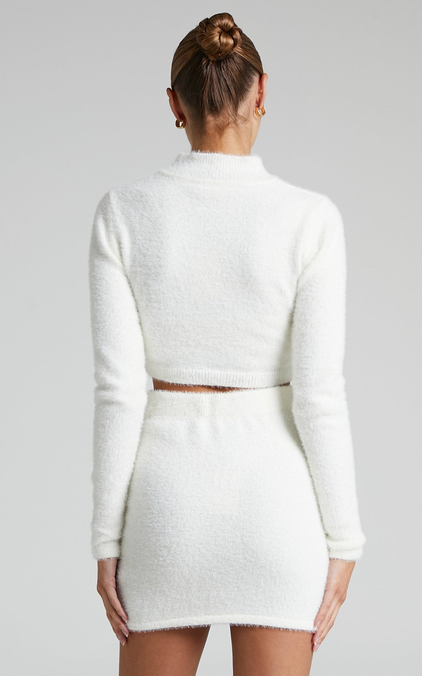 Glydel Fluffy Knit Long Sleeve Crop Top and Mini Skirt Two Piece Set in Winter White