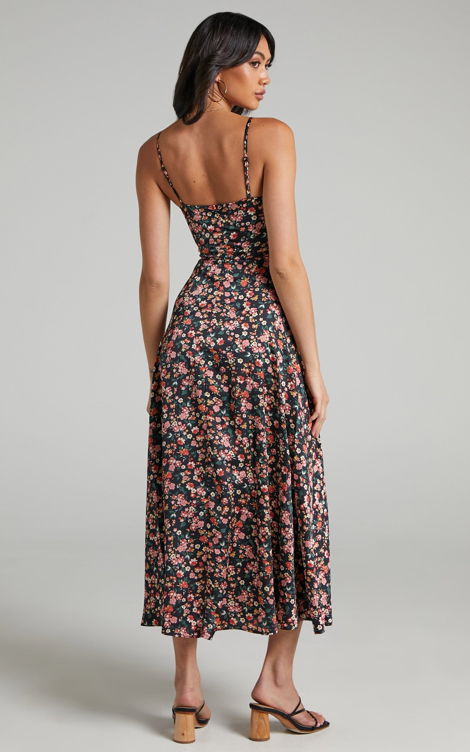 Kingsley Midi Length Dress with Split in Black Floral