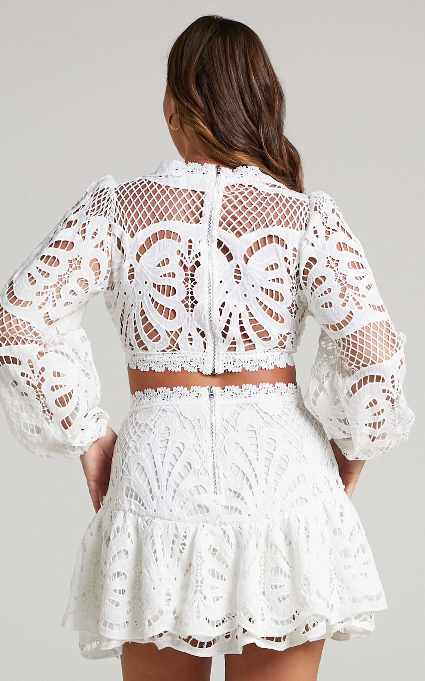 Kiss Me Softly Long Sleeve Crop Top and Mini Skirt Two Piece Set in White Lace