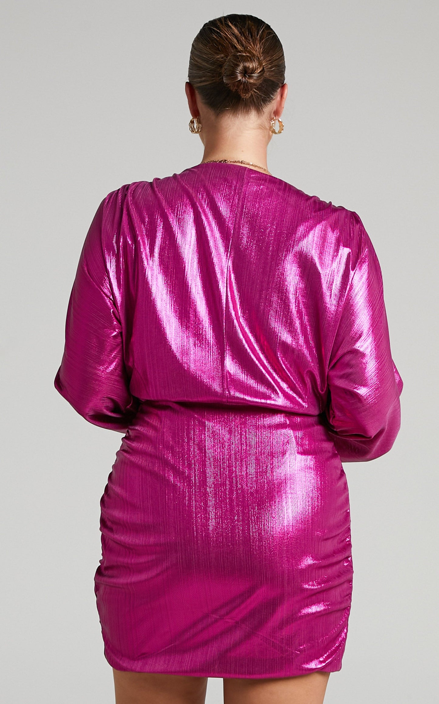 Konoha Mini Dress - Plunge Neck Draped Bodycon Dress in Hot Pink