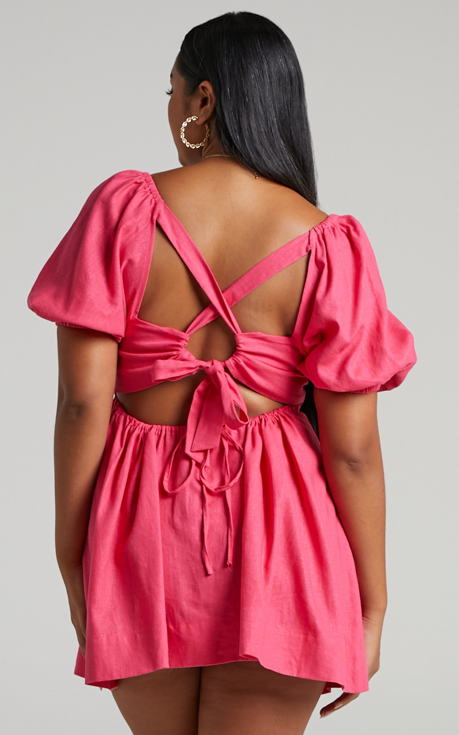 Matty Mini Dress - Linen Strappy Back Puff Sleeve Baby Doll Dress in Pink
