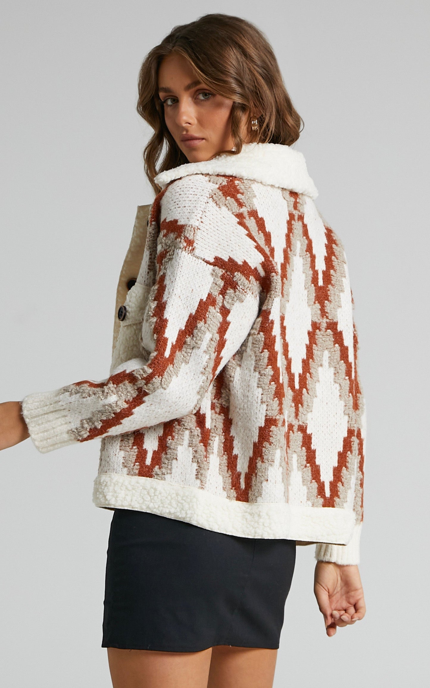 Melanie Collared Teddy Coat in White Print
