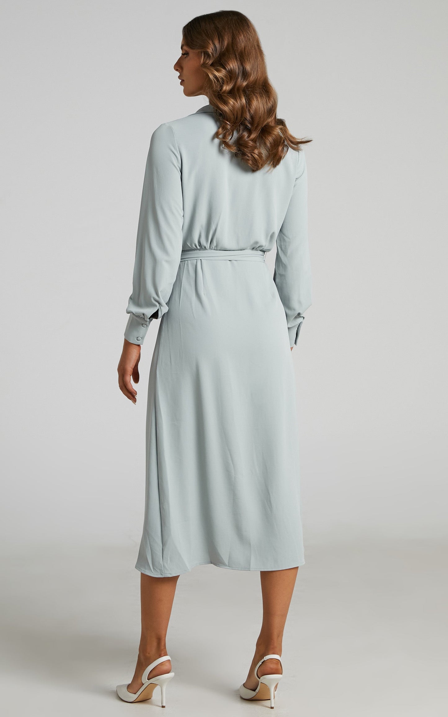 Nalysha Midi Dress - Long Sleeve Wrap Dress in Dusty Blue