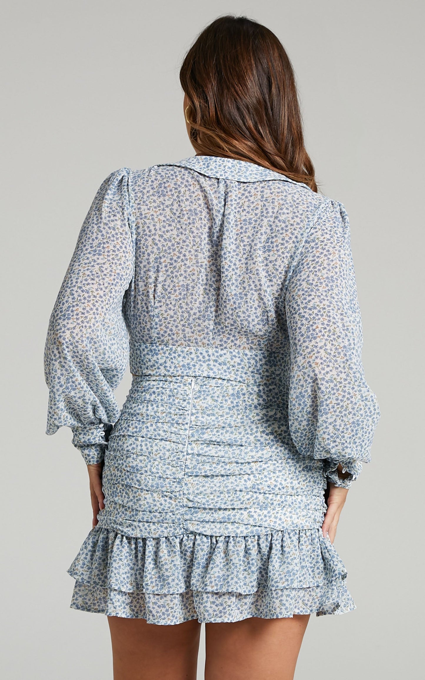 Nerizza Two Piece Ruffle Skirt Set with Long Sleeve Crop in Dainty Floral in Blue