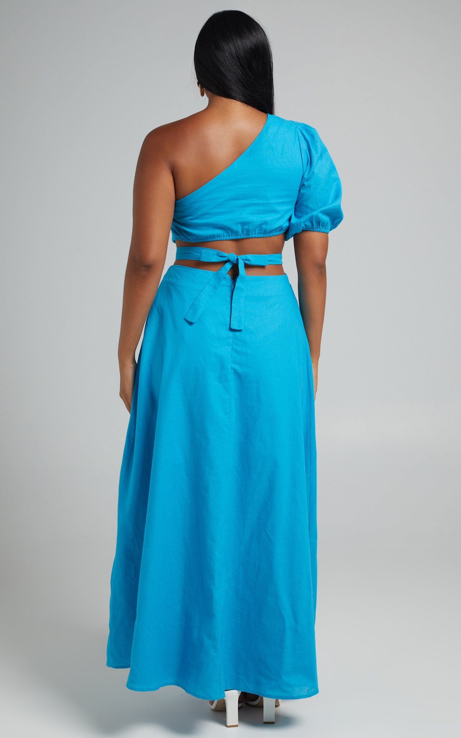 Cedie Midi Dress - One Shoulder Puff Sleeve Dress in Blue
