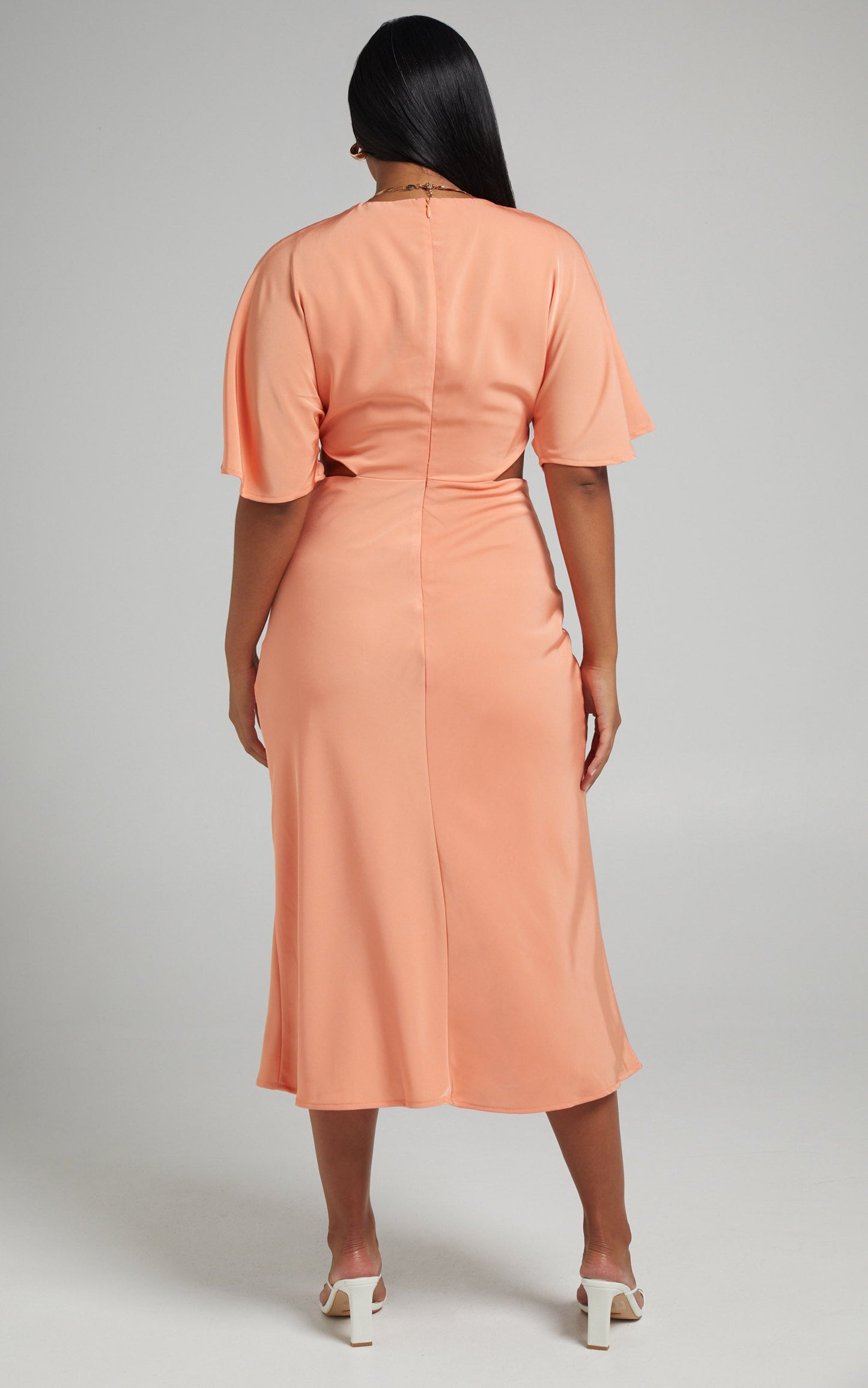 Joja Flutter Sleeve Cut Out Midi Dress in Sherbet Orange