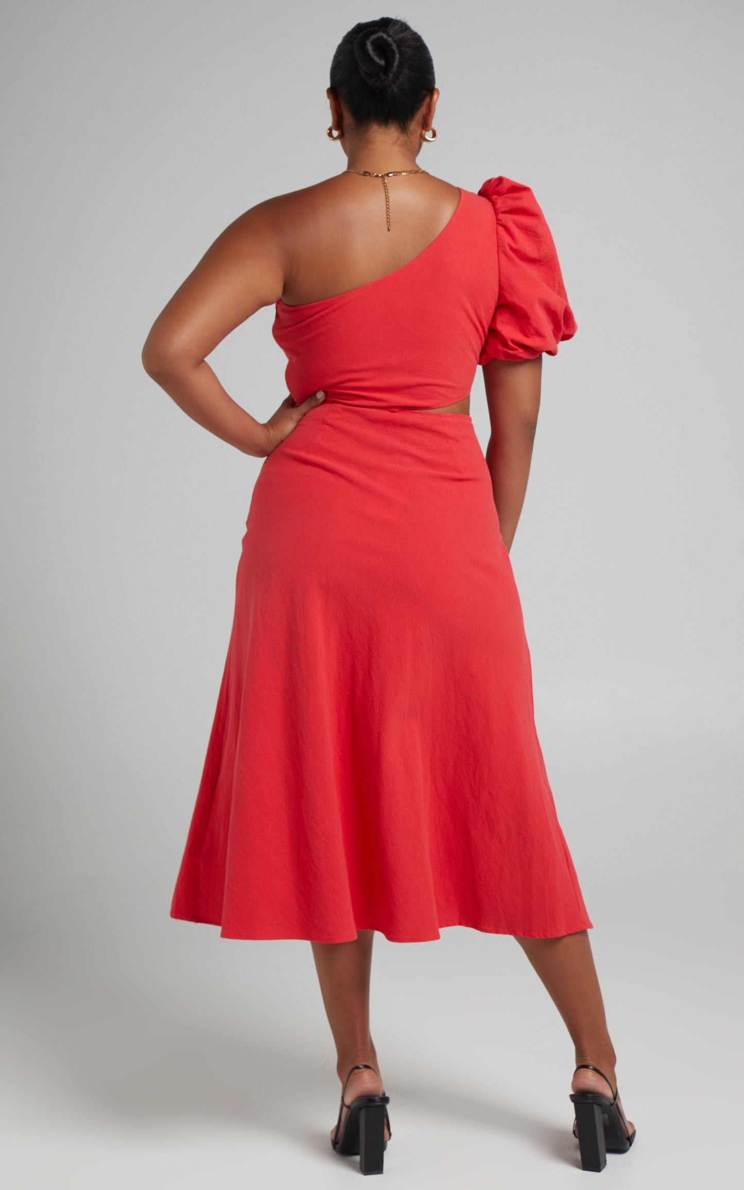 Marcia Midi Dress - One Shoulder Dress with Side Cut Out in Red