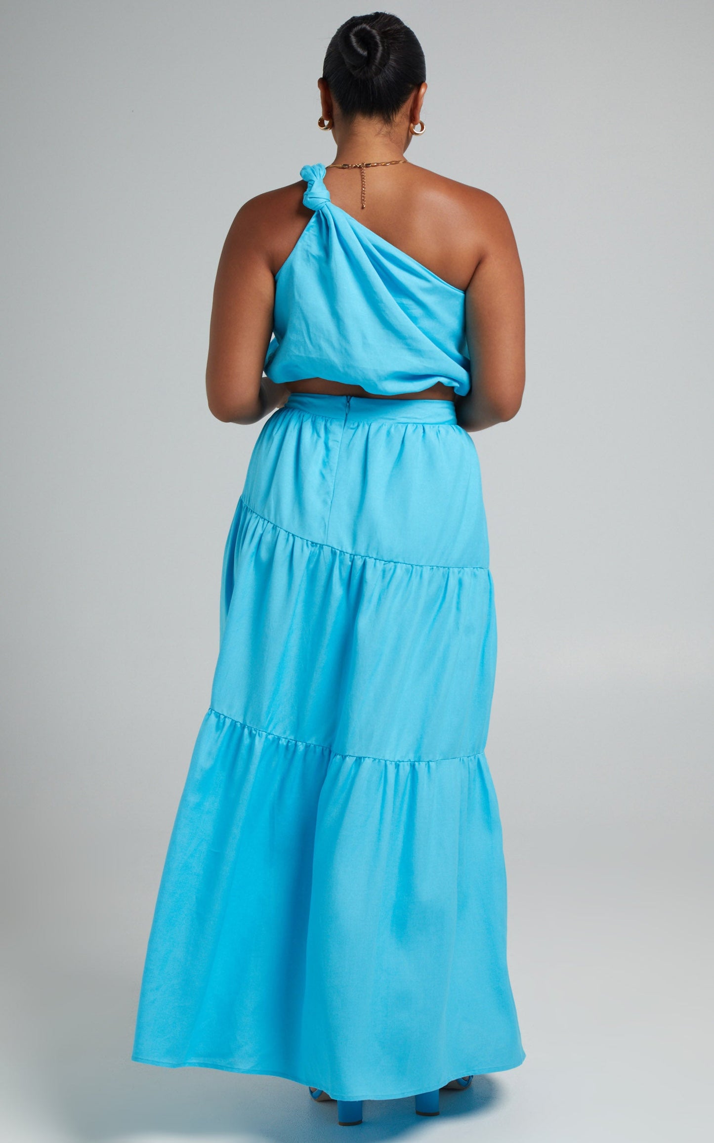 Aerilyn Two Piece Set - Linen One Shoulder Crop Top and Midi Skirt Set in Blue